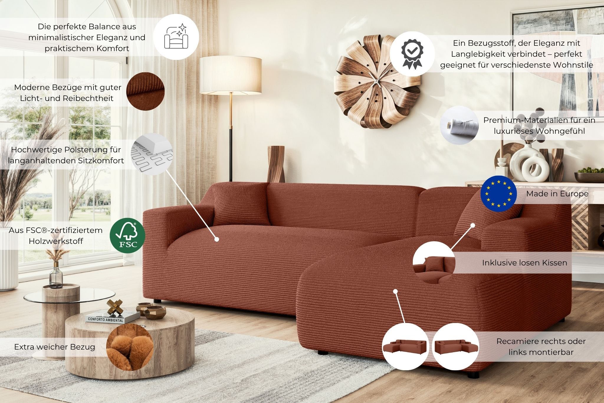 Home affaire Ecksofa »LILLIANA Designsofa, L-Form mit Recamiere rechts/links bestellbar«, L-Form mit Wellenunterfederung, Maße B/T/H: 256/160/76 cm