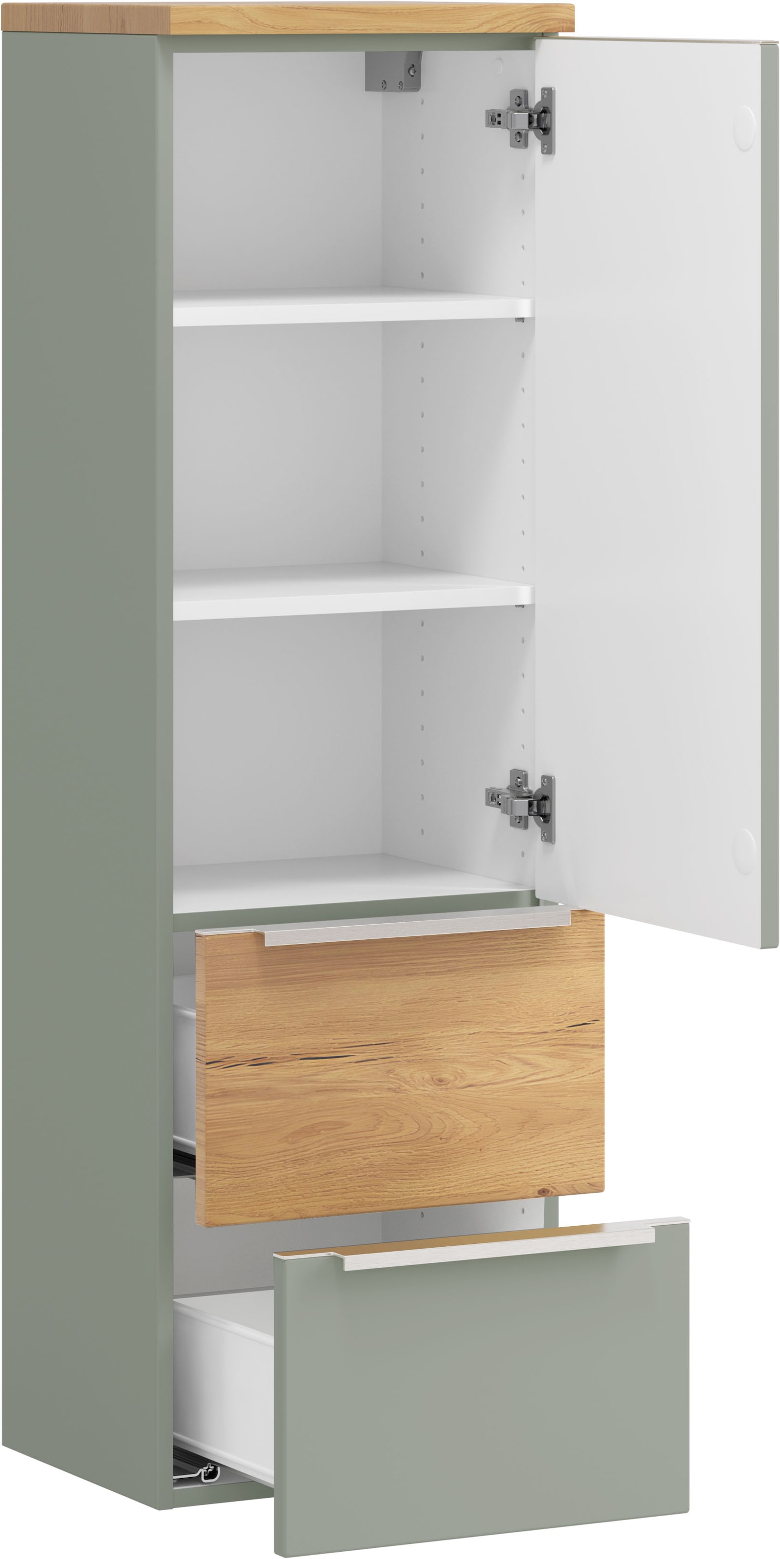 welltime Midischrank »TRIENT, Midischrank 40 cm, Softclose-Auszüge und gedämpfte Scharniere« Maße (B/H/T): ca. 40/130/35 cm,  Schilfgrün/Wildeiche, Softclose-Metallauszüge