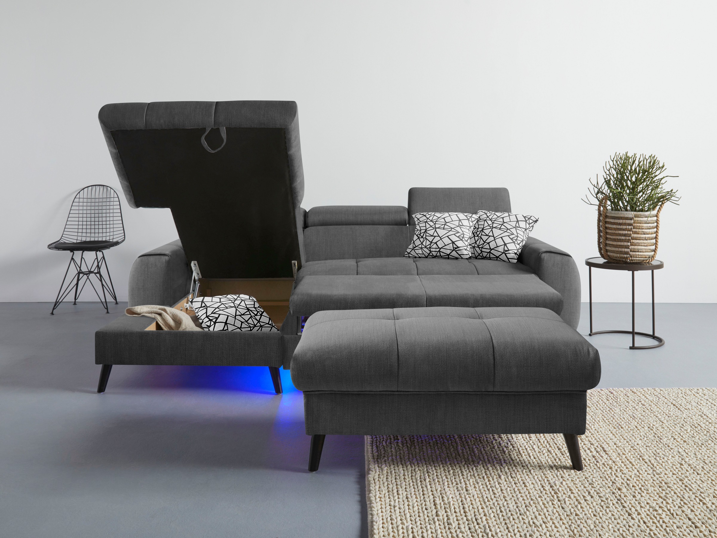 COTTA Ecksofa »Mia L-Form mit 3 Zierkissen«, wahlweise mit Bettfunktion, Bettkasten, Beleuchtung & Wireless-Charger
