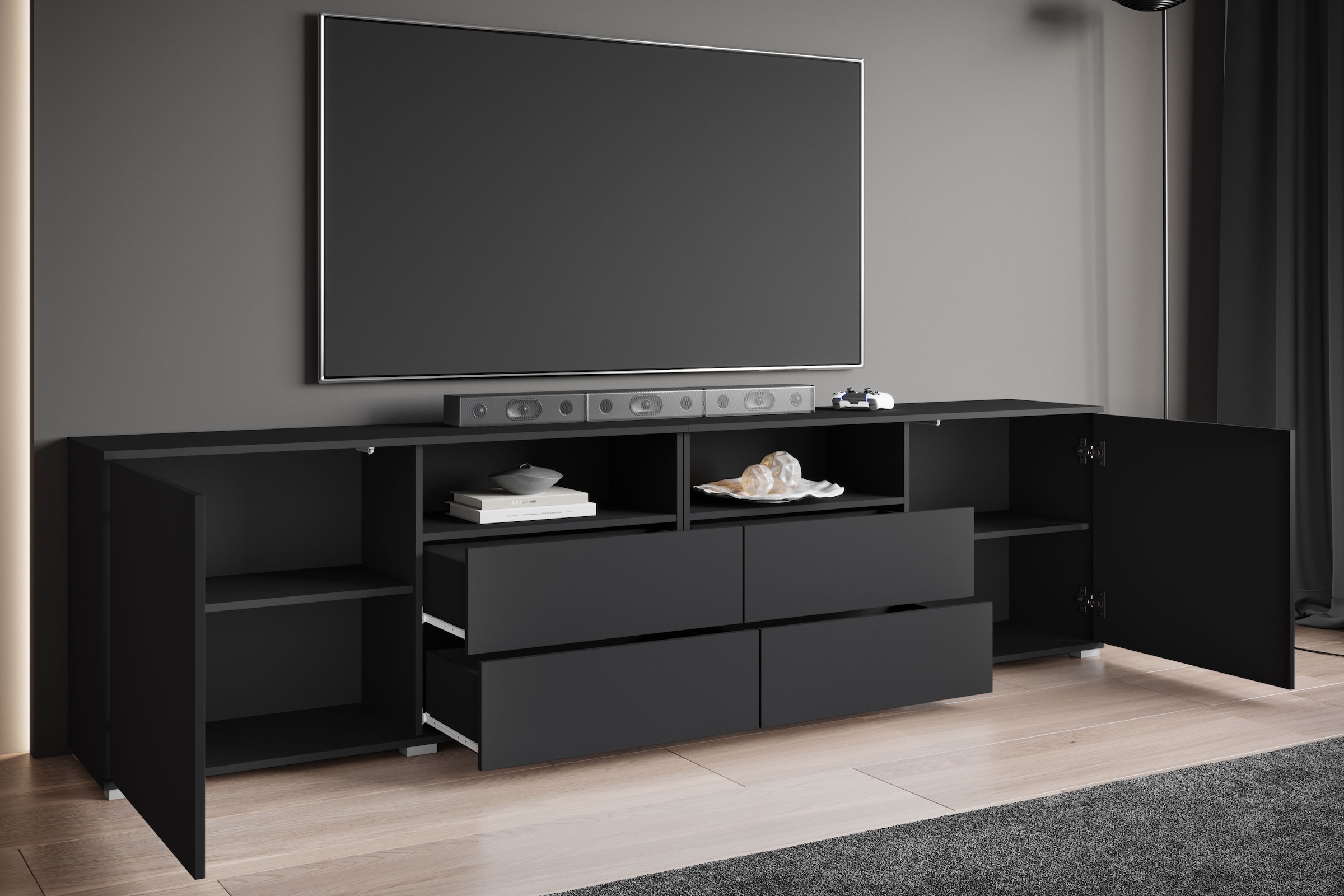 OTTO home Lowboard »Kenia, TV-Schrank, 240 cm breit, mit 2 Türen und 4 Schubladen« 1 Stk. tlg. Höhenverstellbare Einlegeböden und offene Ablagefächer