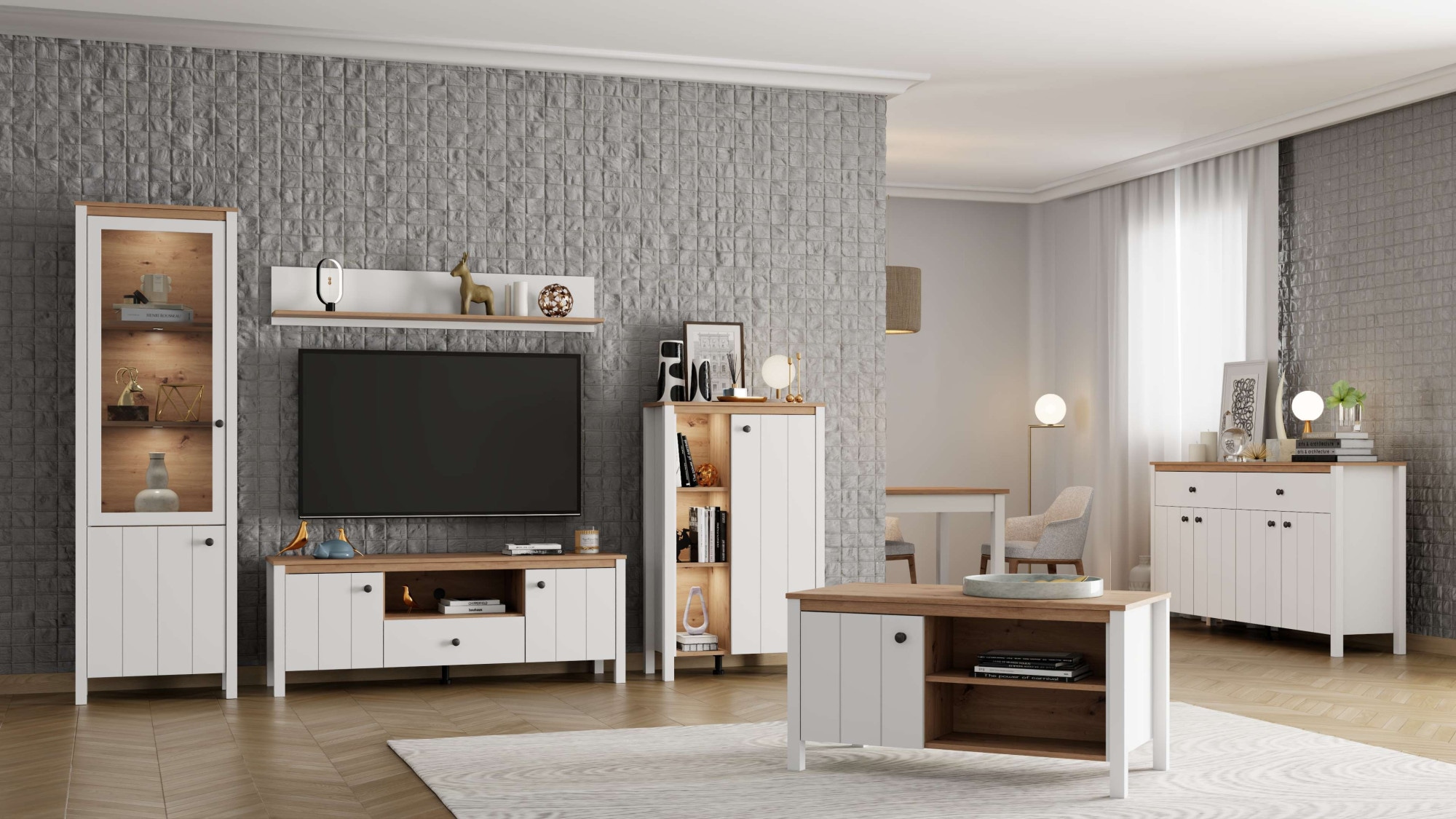 Home affaire Vitrine »BEDFORD Vitrinenschrank, Glasschrank, Standvitrine, Highboard« MDF-Profil 2D ummantelt, Hotstamping, 1mm ABS-Kanten, 4 Einlegeböden