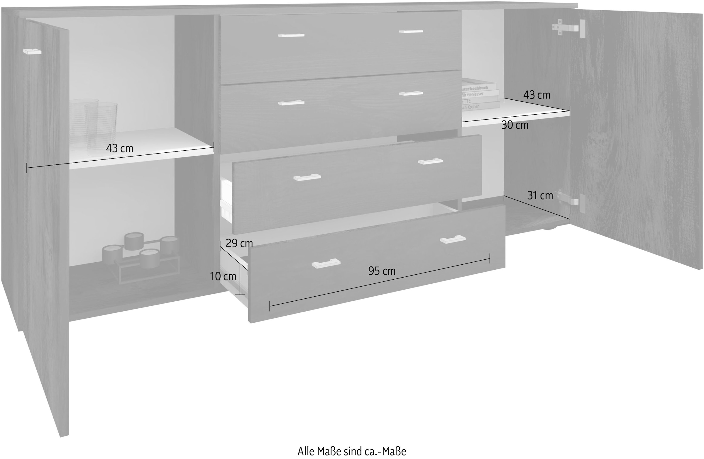 borchardt Möbel Sideboard »Scala, Breite 166 cm,«, höhenverstellbare Einlegeböden, kleine Griffe