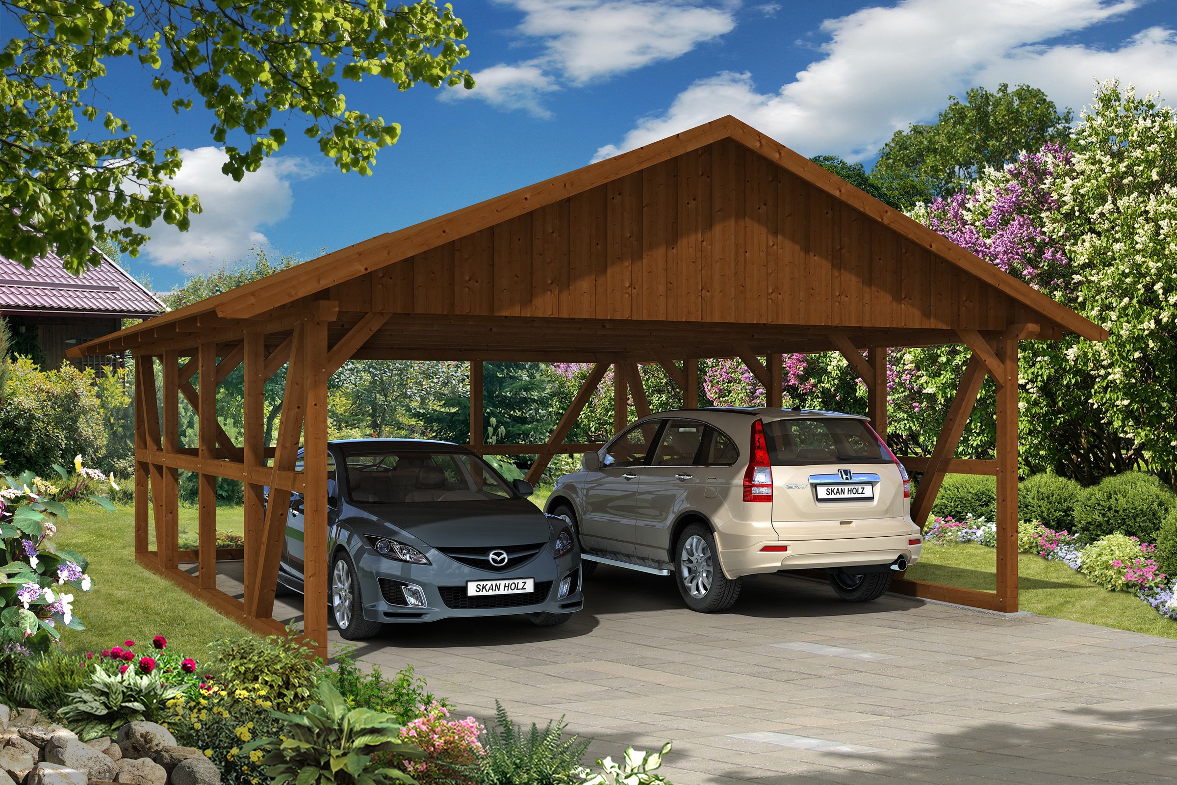 Skanholz Doppelcarport »Schwarzwald«, KVH-Fichte, 560 cm, Nussbaum, mit Rückwand, mit Dachschalung