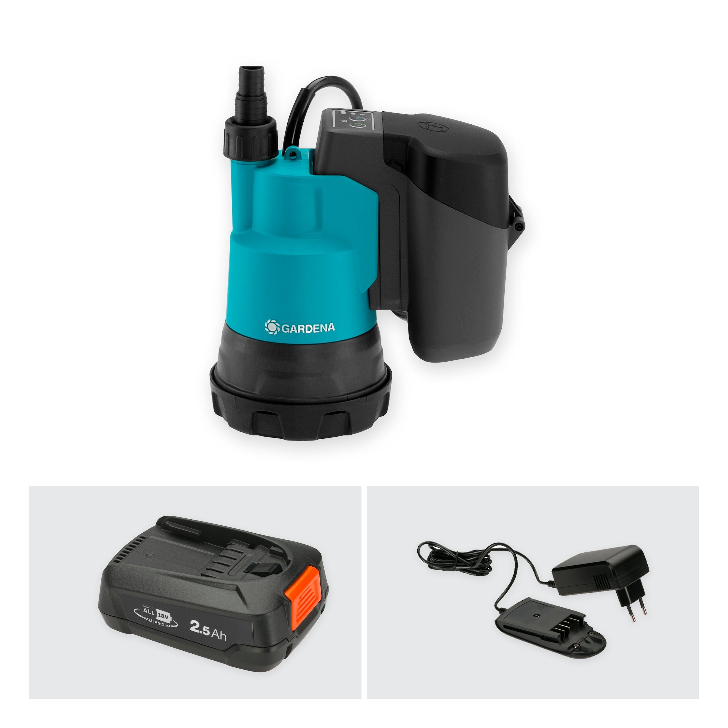 GARDENA Klarwasserpumpe »2000/2 18V P4A Ready-To-Use Set« inkl. Akku und Ladegerät