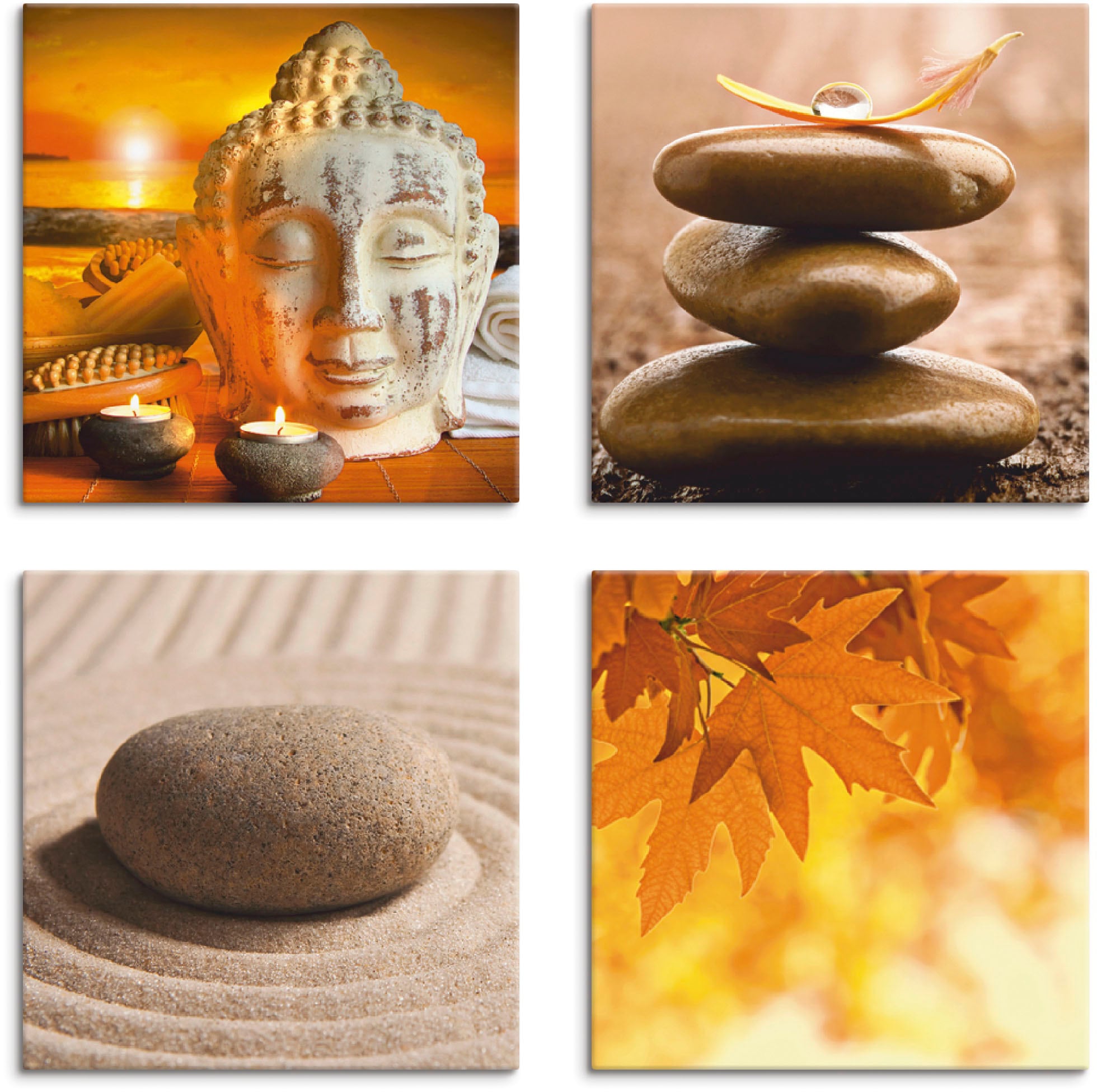 Leinwandbild »Buddha-Statue Zen Garten Massagesteine«, Zen, (4 St.), 4er Set,...