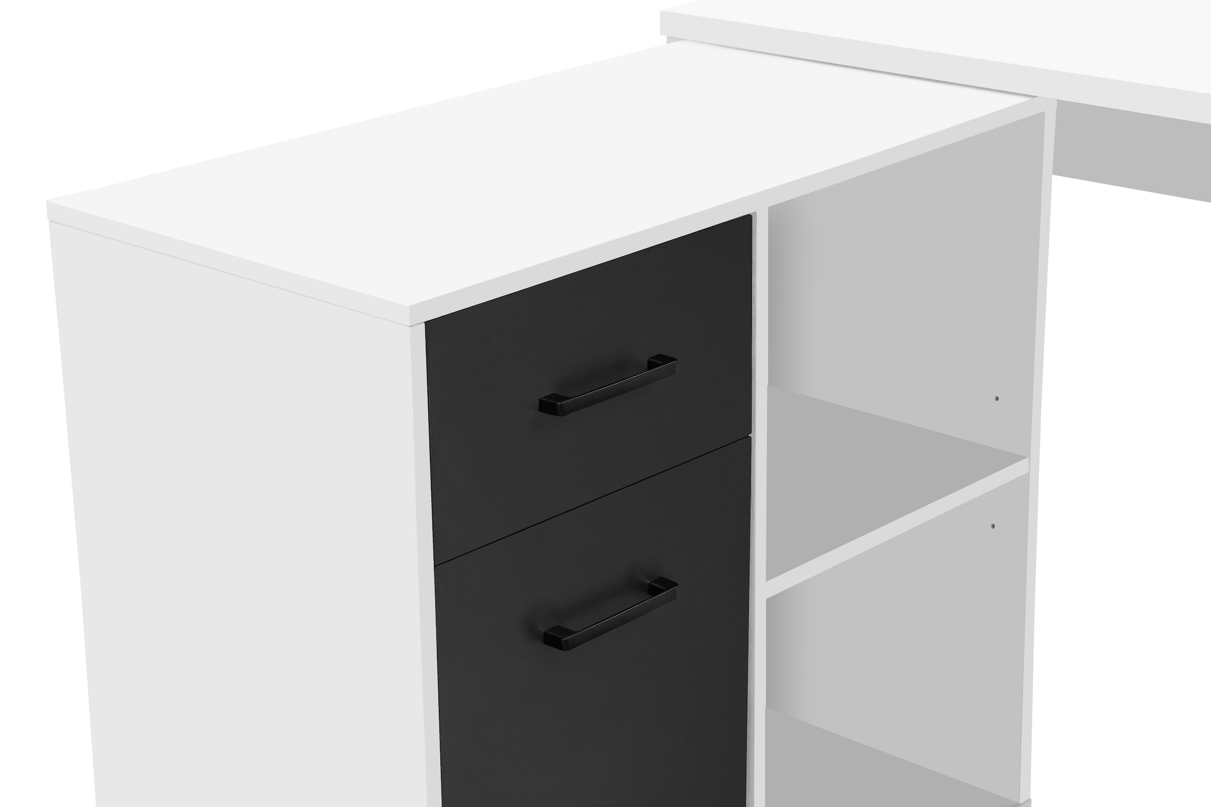Places of Style Eckschreibtisch »Moid, Computertisch, Kabeldurchlass, mit Regalfächern,«, Schublade und Tür, flexibles Regalelement, 140x82-115 cm