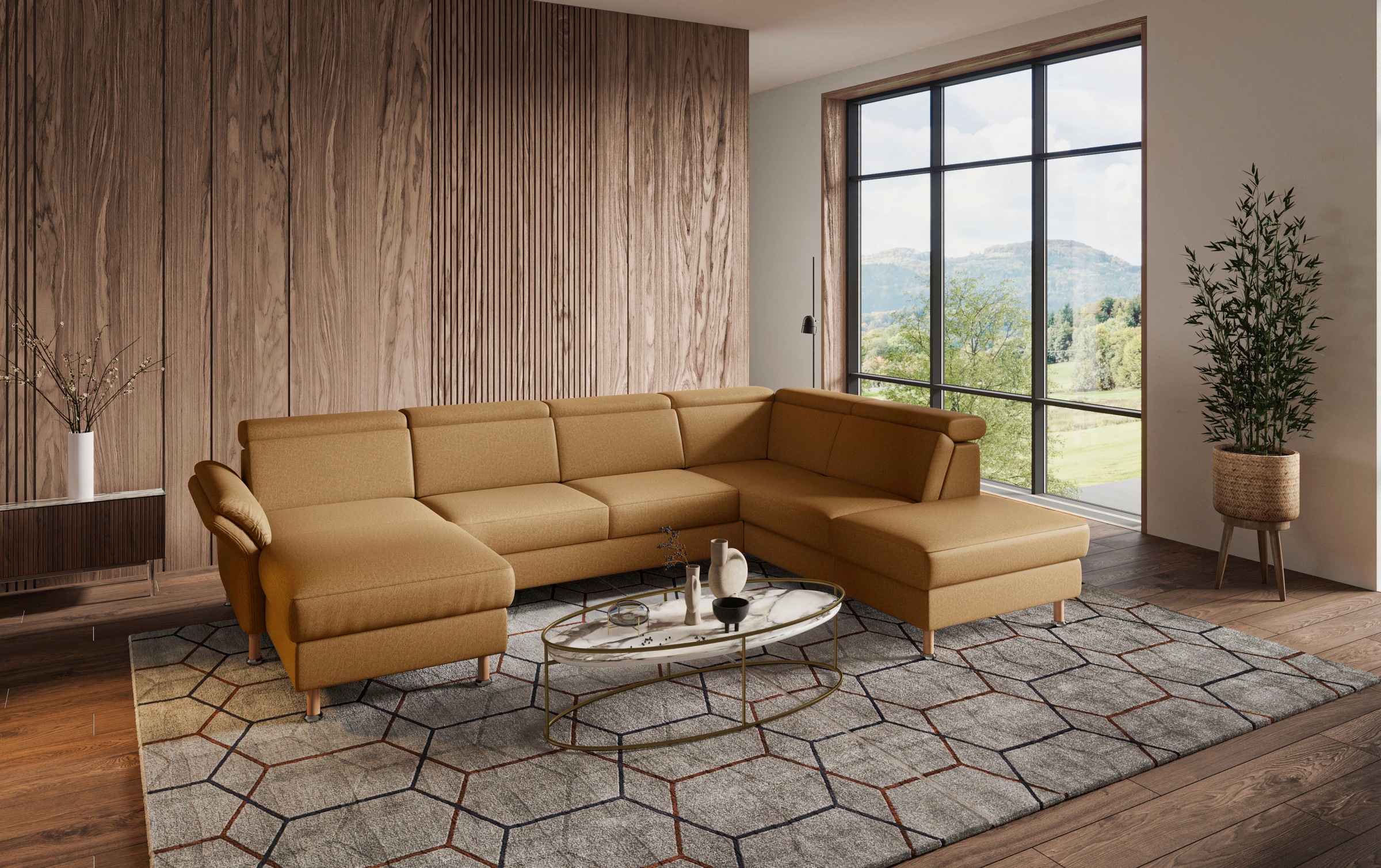 Wohnlandschaft HOME AFFAIRE "Calypso U-Form", gelb (dijon), B:334cm H:85cm T:227cm, 100%Polyester, Sofas, Wohnlandschaft, wahlweise mit motorischer Relaxfunktion