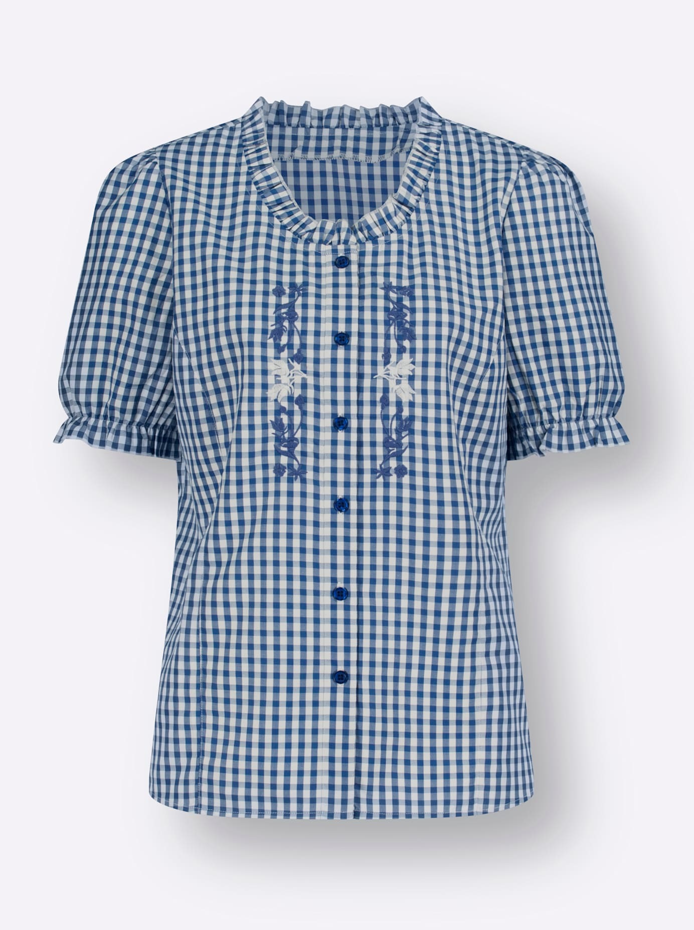 Trachtenbluse CLASSIC BASICS, Damen, Gr. 46, blau (jeansblau, weiß, kariert), 65% Polyester, 35% Baumwolle, gemustert, kariert, mehrfarbig, Rundhals, Blusen Trachtenbluse 3