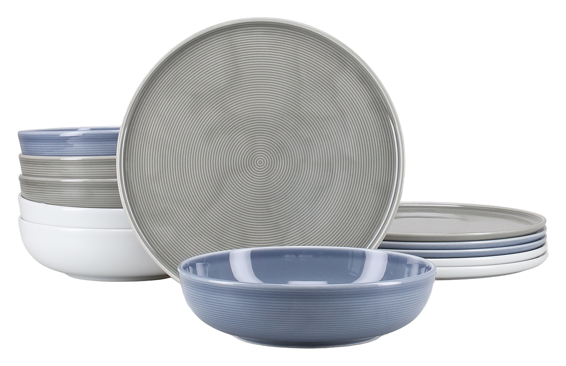 CreaTable Tafelservice "Session, Service, Teller-Set, 12-tlg." Teller ohne Fahne mit großem Spiegel, Elegantes Rillenrelief