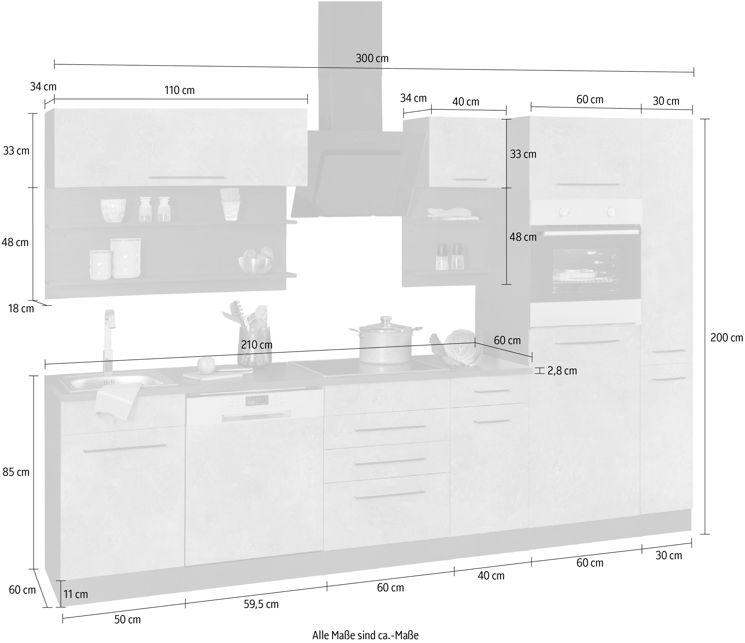 KOCHSTATION Küchenzeile »KS-Tulsa«, ohne E-Geräte, Breite 300 cm, schwarze Metallgriffe, MDF Fronten