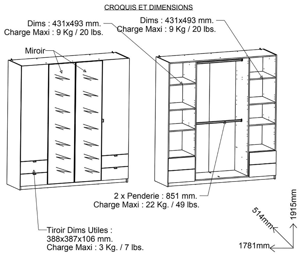 Demeyere GROUP Kleiderschrank »Mellie«, SCHRANK 4-TUERIG 2 SPIEGELN 4 SCHUBLADEN
