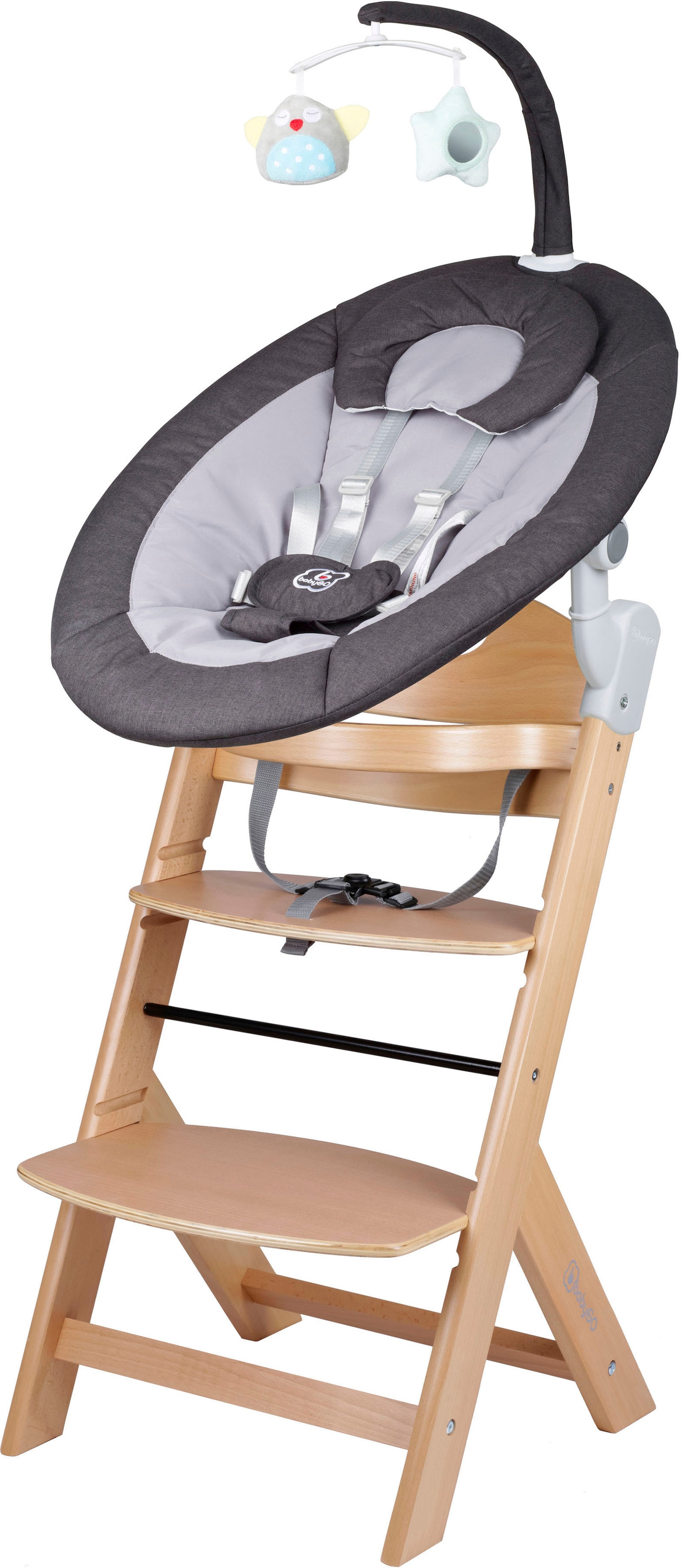 BabyGo Hochstuhl »Family Homey Set, natur/dunkelgrau«, mit elektrischer Babywippe inkl. Spielbogen