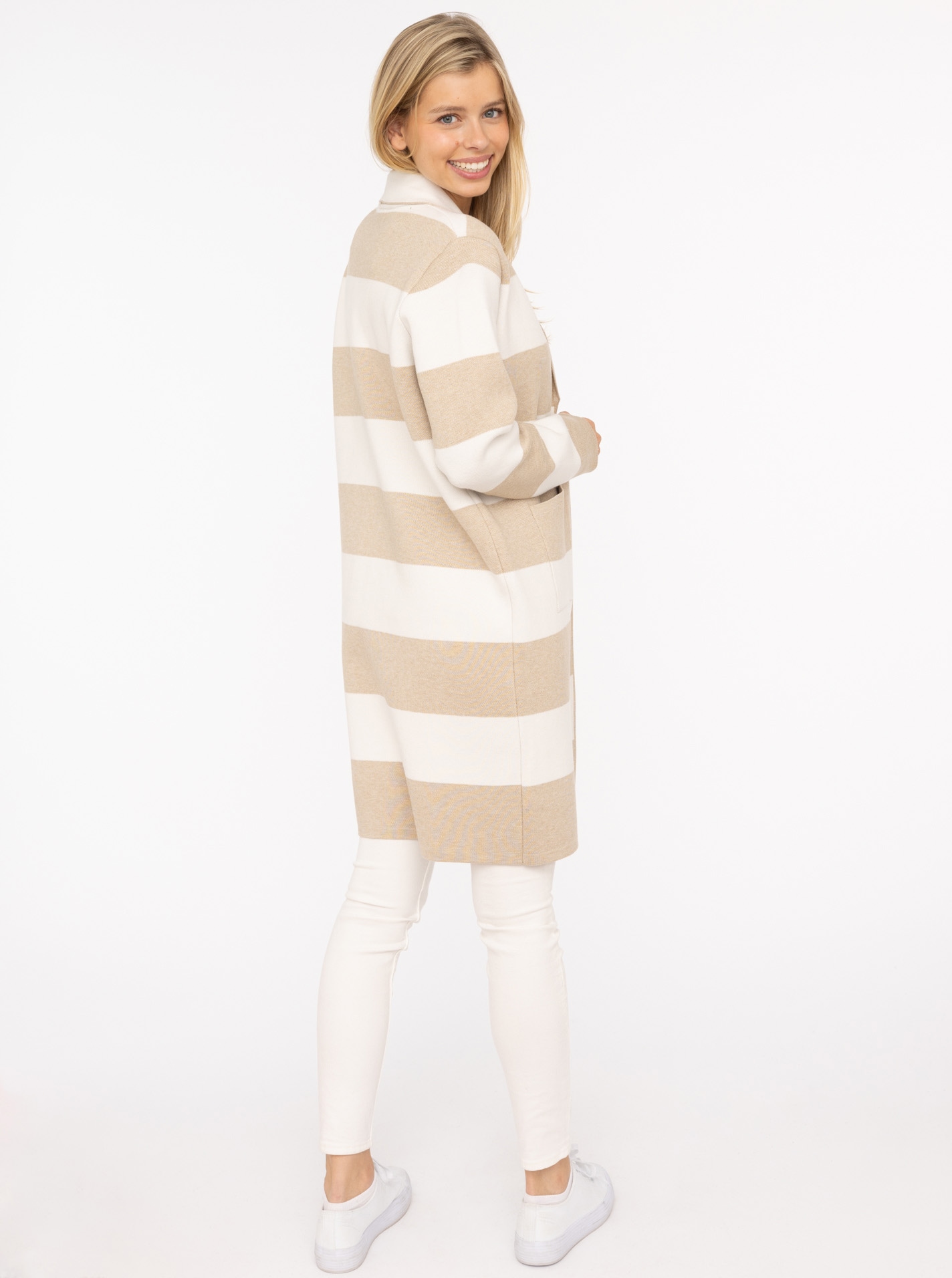 Zwillingsherz Strickjacke, Schalkragen, Langarm, Taschen, knielang, Bockstreifen