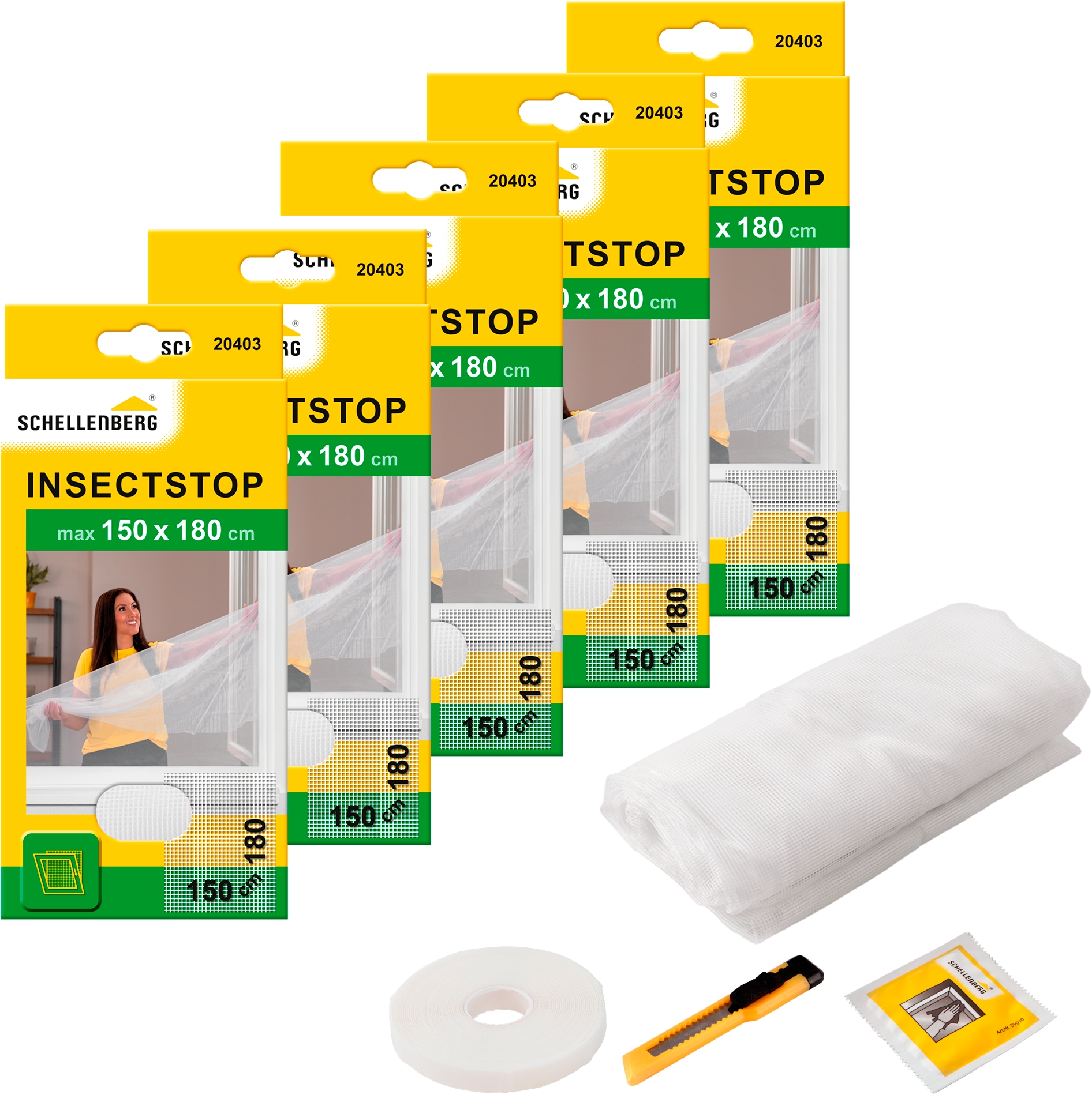 SCHELLENBERG Fliegengitter-Gewebe "Insektenschutz und Mückenschutz für Fenster ohne bohren", B/H: 150cm x 180cm, 5er Pack, weiß,