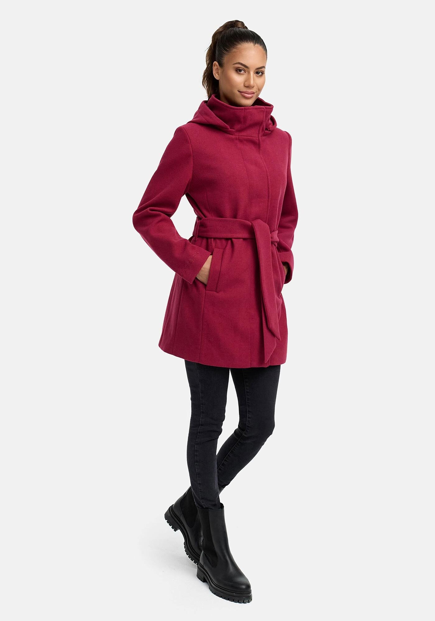 Marikoo Kurzmantel »Katalinaa«, Eleganter Wickel Mantel mit Taillengürtel und Oversized Hood Kapuze