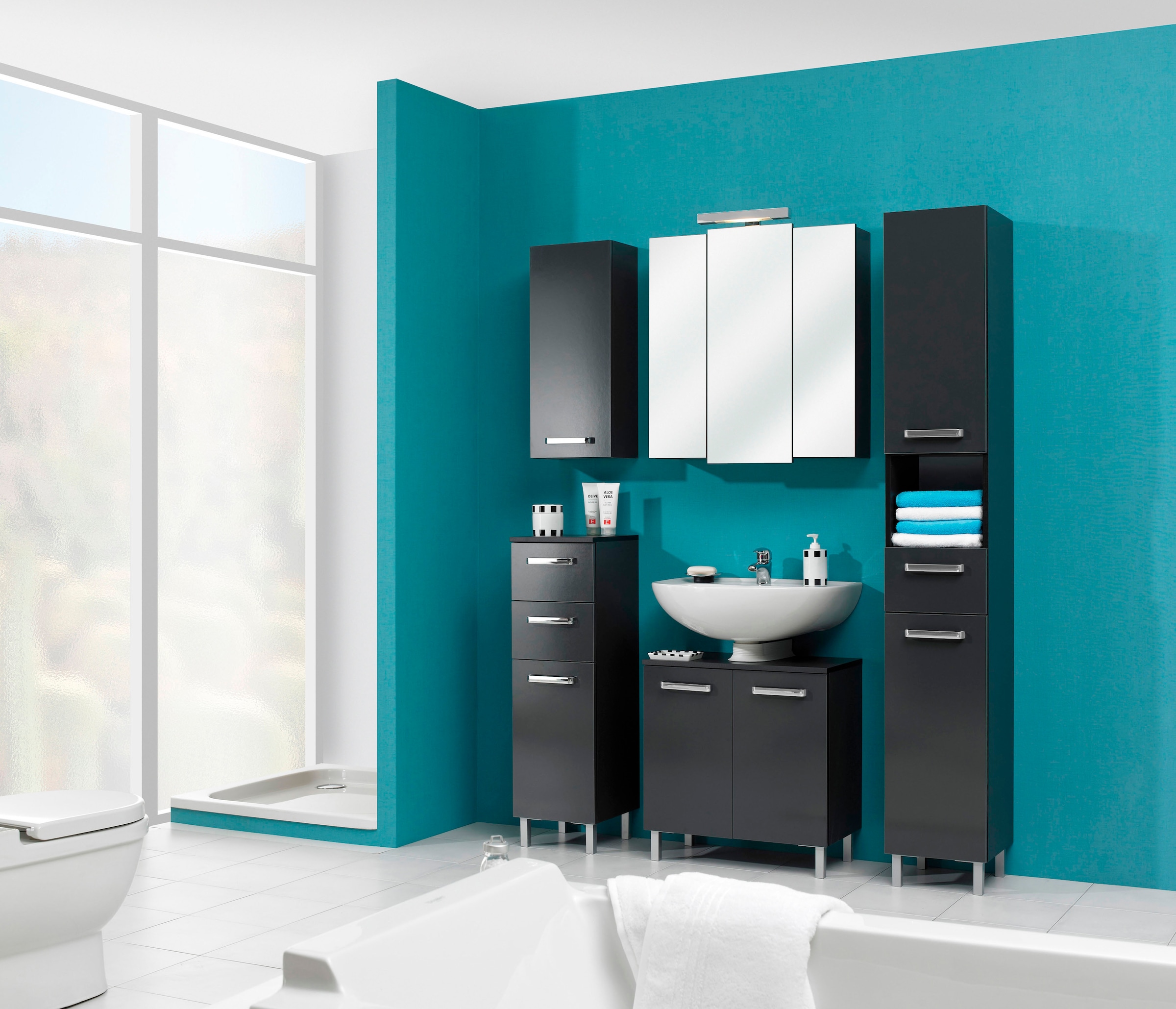 Saphir Hochschrank »Quickset Badschrank 30 cm breit, 2 Türen, 1 Nische, 1 Schublade«, Badezimmer-Hochschrank inkl. Türdämpfer, Griffe in Chrom glänzend