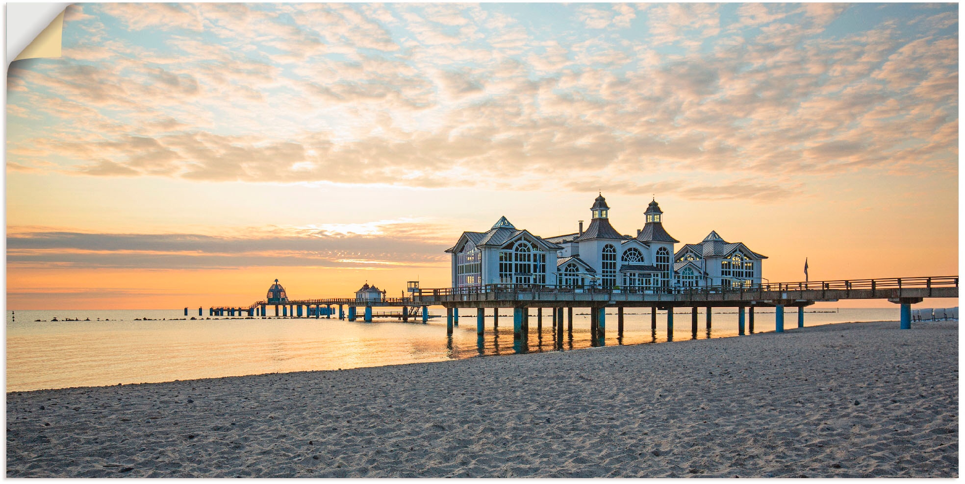 Strand, in oder versch. Sonnenaufgang«, | bestellen Sellin BAUR bei Wandbild Artland Größen (1 Poster Leinwandbild, Wandaufkleber »Seebrücke St.), als