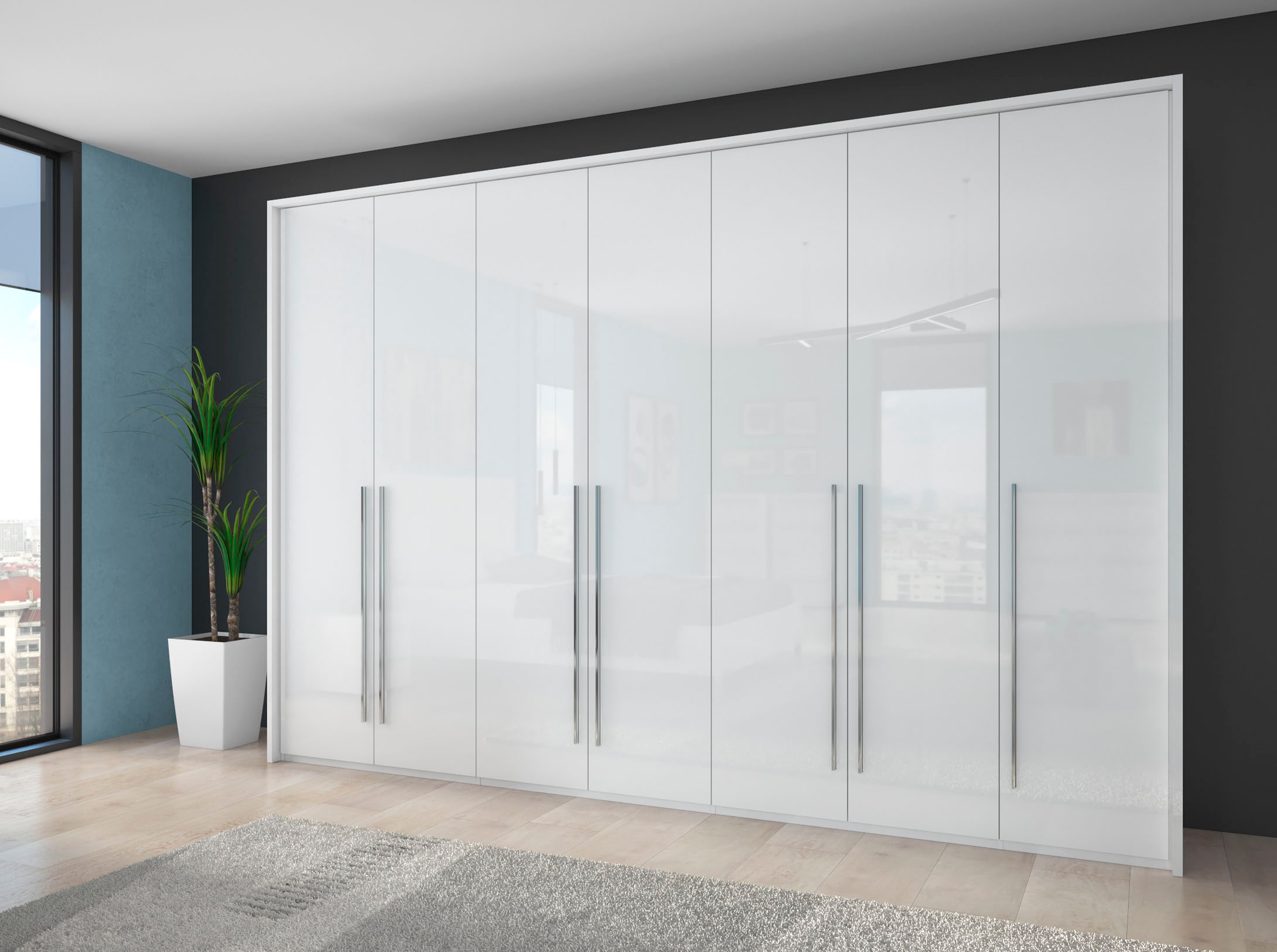 Places of Style Kleiderschrank »Piano, inklusive Rahmen und Beleuchtung, soft-close-Funktion«, (viele Breiten zur Auswahl, 226cm hoch), beige oder weiß, UV lackiert, Hochglanzfronten, FSC-zertifiziert