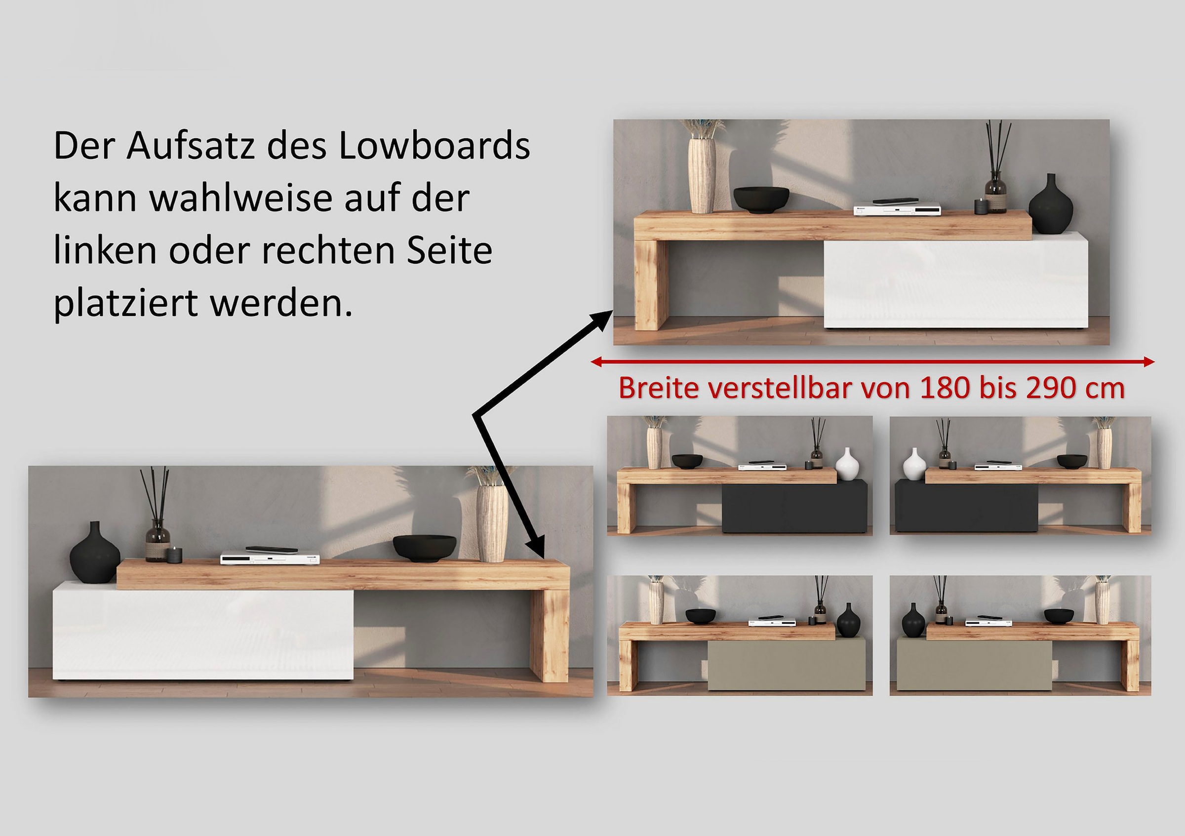 OTTO home Lowboard »Chronos TV-Board, T-Schrank« Breite verstellbar von 180 bis 290 cm, 1 Stk. tlg. Breite 240 cm TV-Board,Lowboard,1 Klappe und ein L-Förmiger Aufsatz