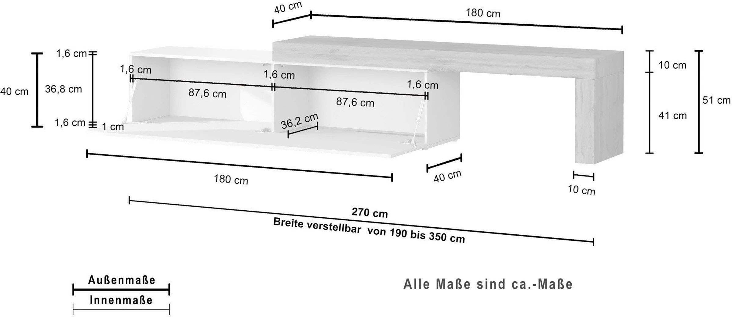 INOSIGN Lowboard »Chronos TV-Board, TV-Schrank« Breite verstellbar von 190 bis 350 cm, 1 Stk. tlg. Breite 270 cm TV-Board,Lowboard,1 Klappe und ein L-Förmiger Aufsatz