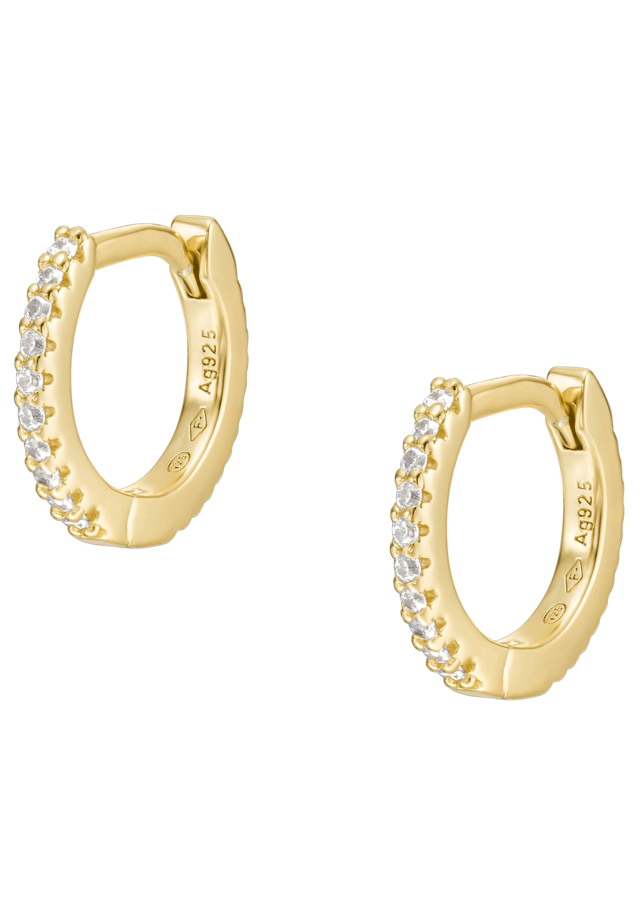 Paar Creolen FOSSIL "Schmuck Geschenk Silber 925 Ohrringe STERLING", gold (gelbgoldfarben, kristallweiß, kristallweiß), Ohrringe, Damen, Silber 925 (Sterlingsilber), mit Zirkonia (synth.) 2
