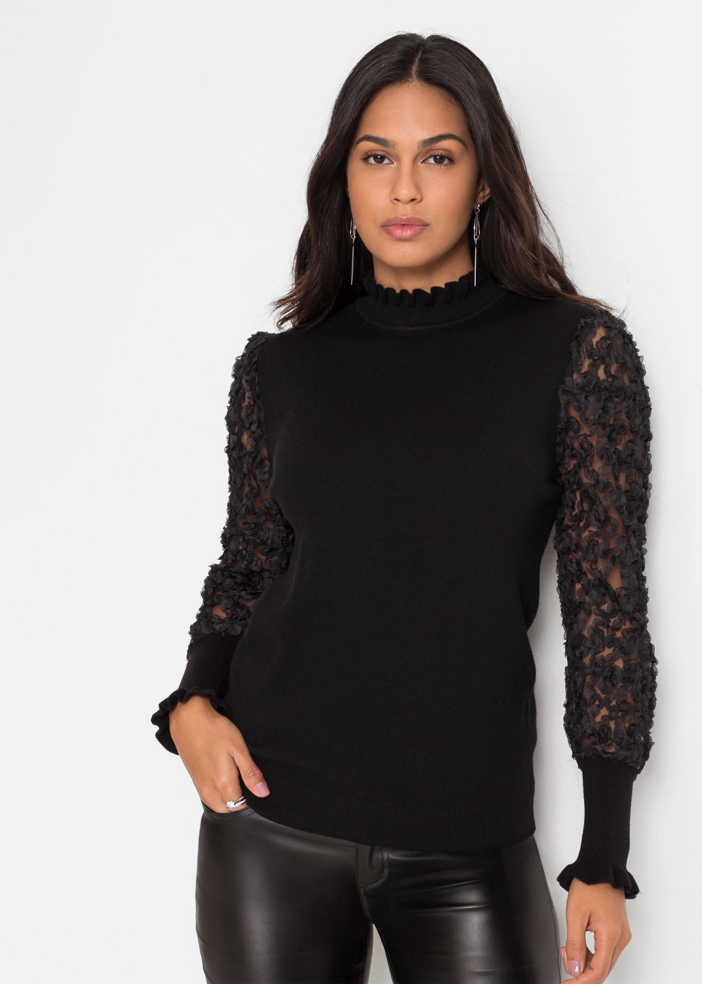 bonprix "Rollkragenpullover aus fließendem Viskose-Mix" Viskose-Mix, Kragen + Ärmel mit gewellter Kante, transparente Ärmel