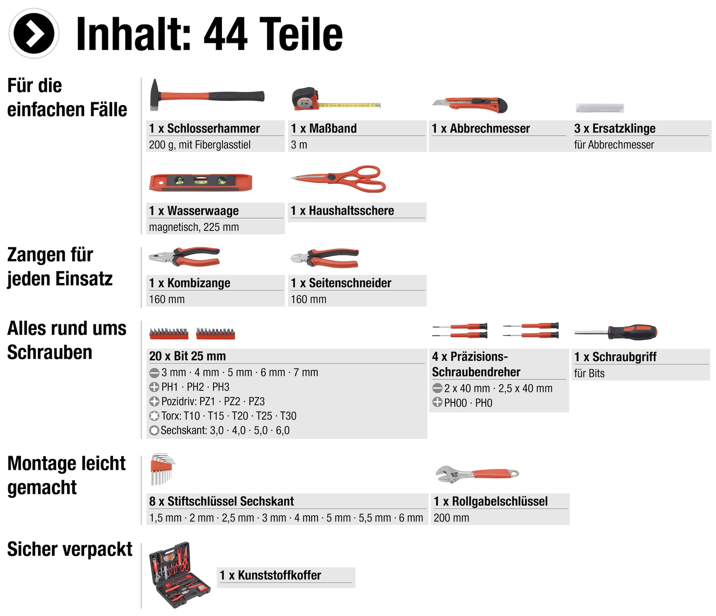 meister Werkzeugset »Werkzeugkoffer / 8971430«, 44-teilig, Werkzeugbox für den täglichen Gebrauch