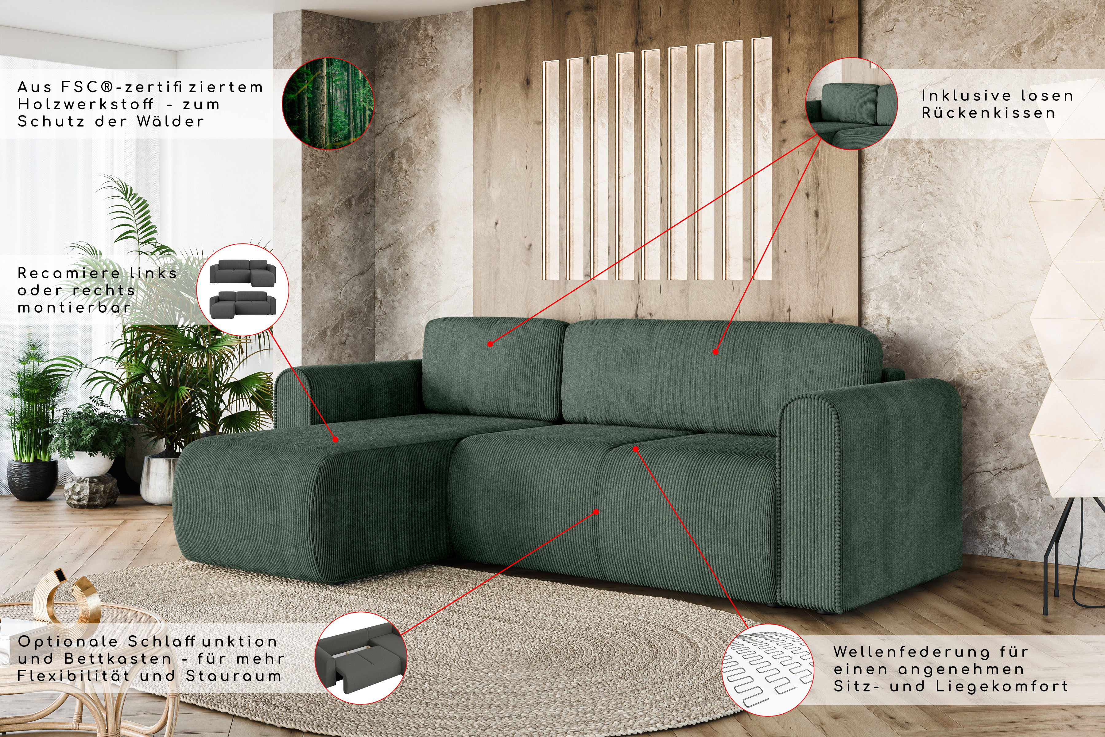 Thumbnail - INOSIGN Ecksofa "Zacharia wahlweise Schlafsofa mit Bettkasten, B/T/H 250/166/86 cm", L-Form mit Wellenunterfederung, Rec...