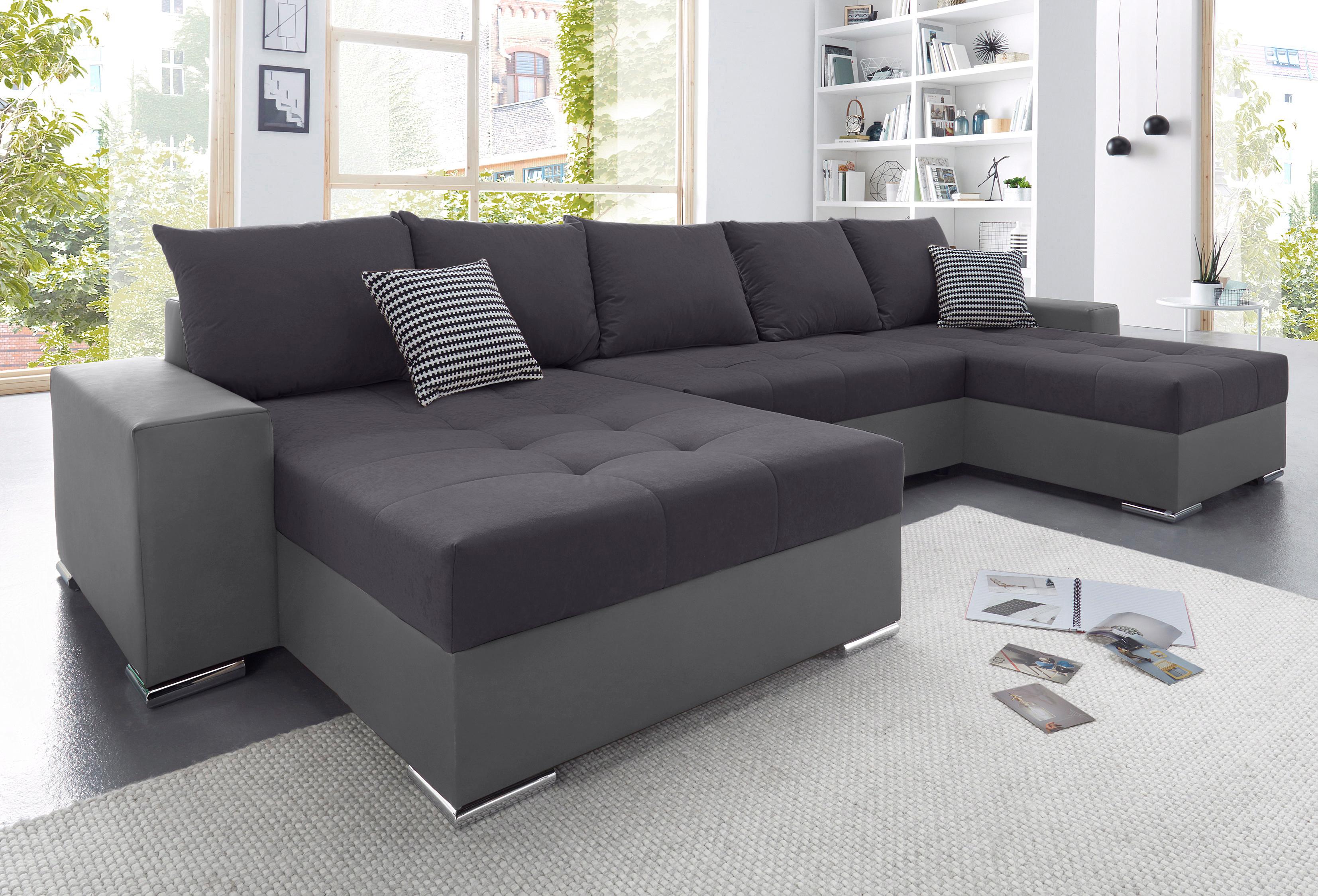COLLECTION AB 1100000002199 "Josy XXL U-Form, B: 333 cm, mit 2 Recamieren 77 & 97 cm" Schlaffunktion, Bettkasten & 2 Zierkissen, Federkern