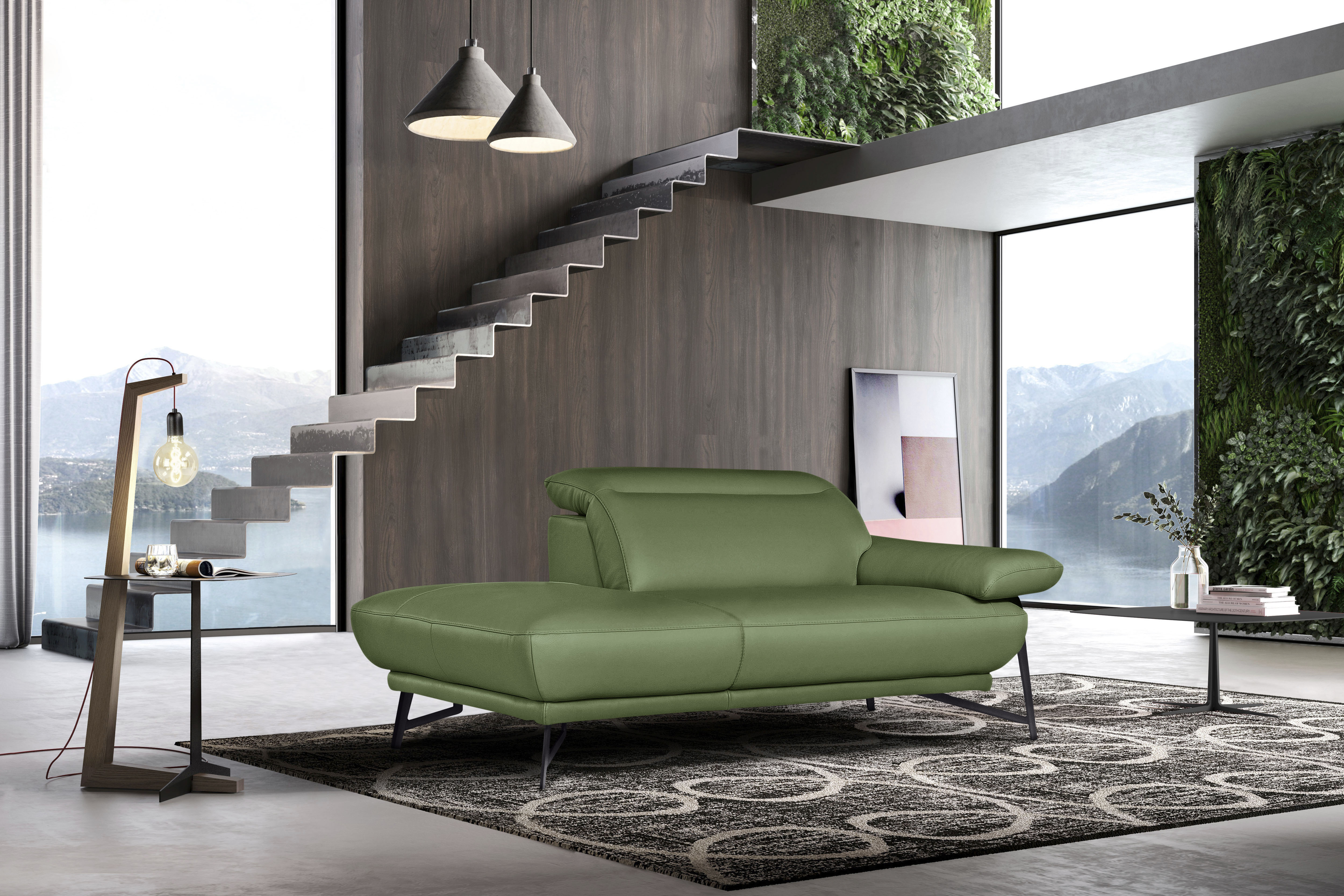 Egoitaliano Ottomane "Anais, erstklassiges Designsofa, Breite 179 cm, Fußfarbe schattengrau" Kopfteil verstellbar, Leder CAREZZA, grün