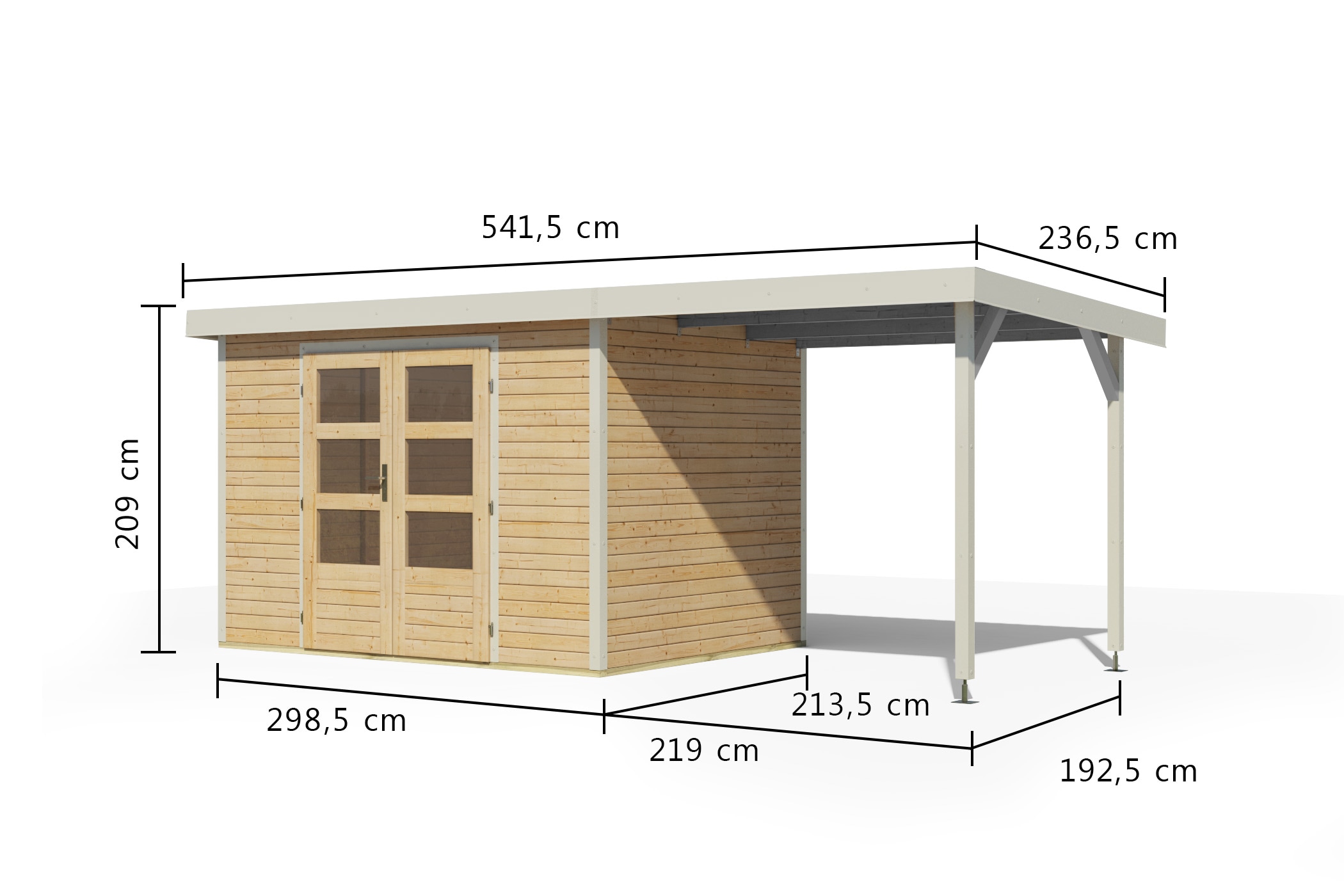 Karibu Gartenhaus »"Jupiter 4 A" SET naturbelassen, mit Anbaudach 2,35 m breit«, hochwertige Materialien: nordische Fichte, Stahlecken, Trapezblechdach
