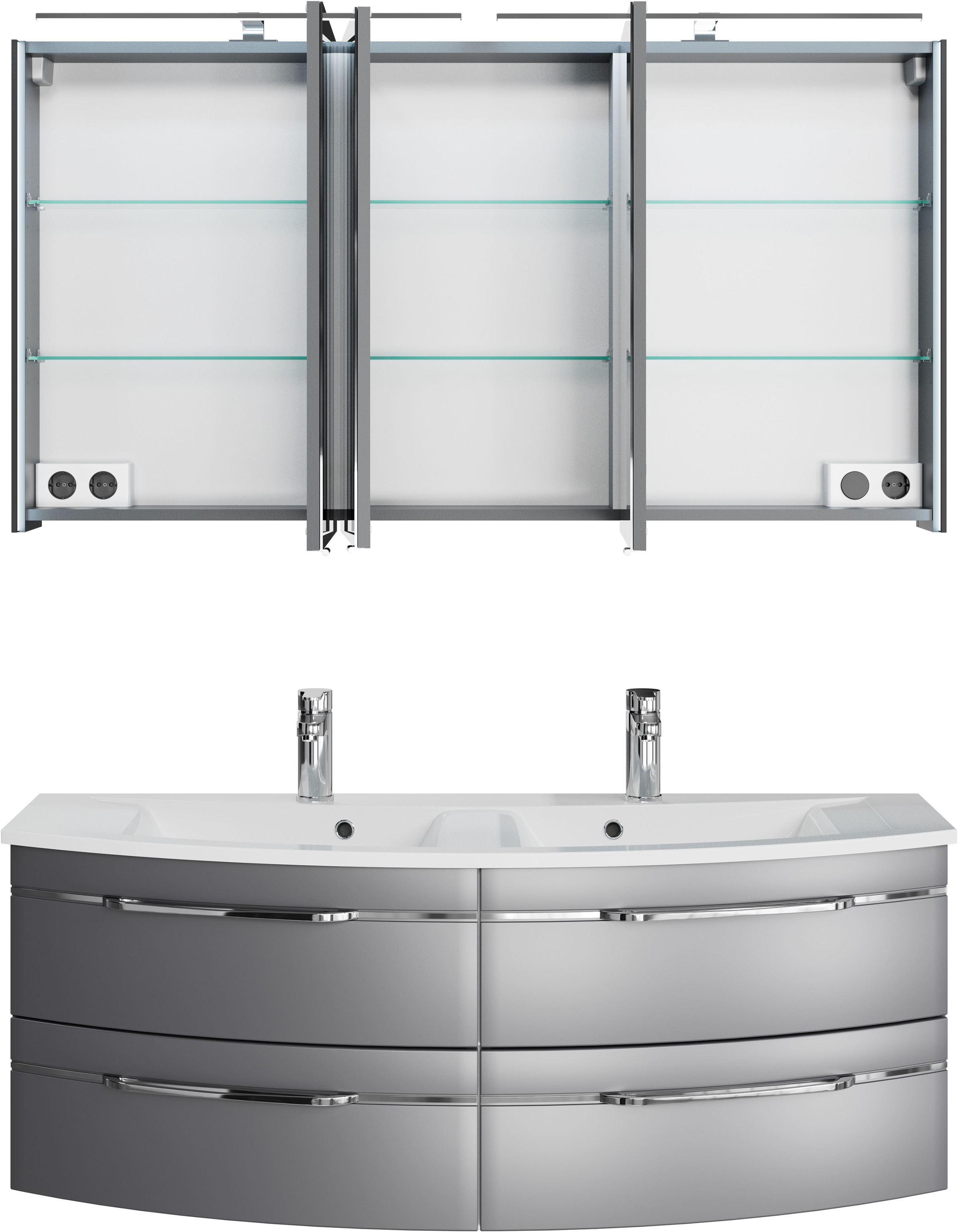 Saphir Badmöbel-Set »Badezimmer-Set 133,2 cm breit, inkl. Türdämpfer, 3 Türen, 4 Schubladen«, (Set, 2 St.), Serie 7045 2-teilig Mineralmarmor-Doppelwaschtisch, LED-Spiegelschrank
