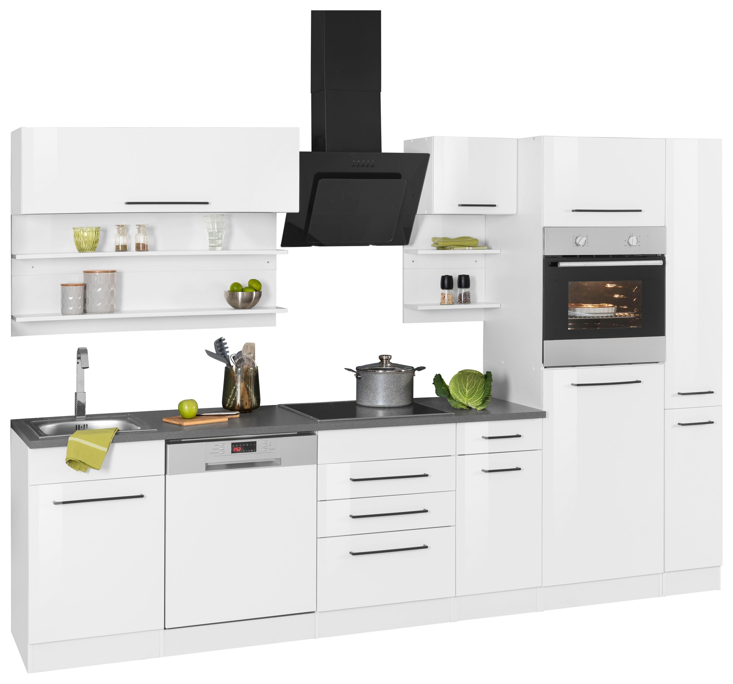 KOCHSTATION Küchenzeile »KS-Tulsa«, mit E-Geräten, Breite 300 cm, schwarze Metallgriffe, MDF Fronten