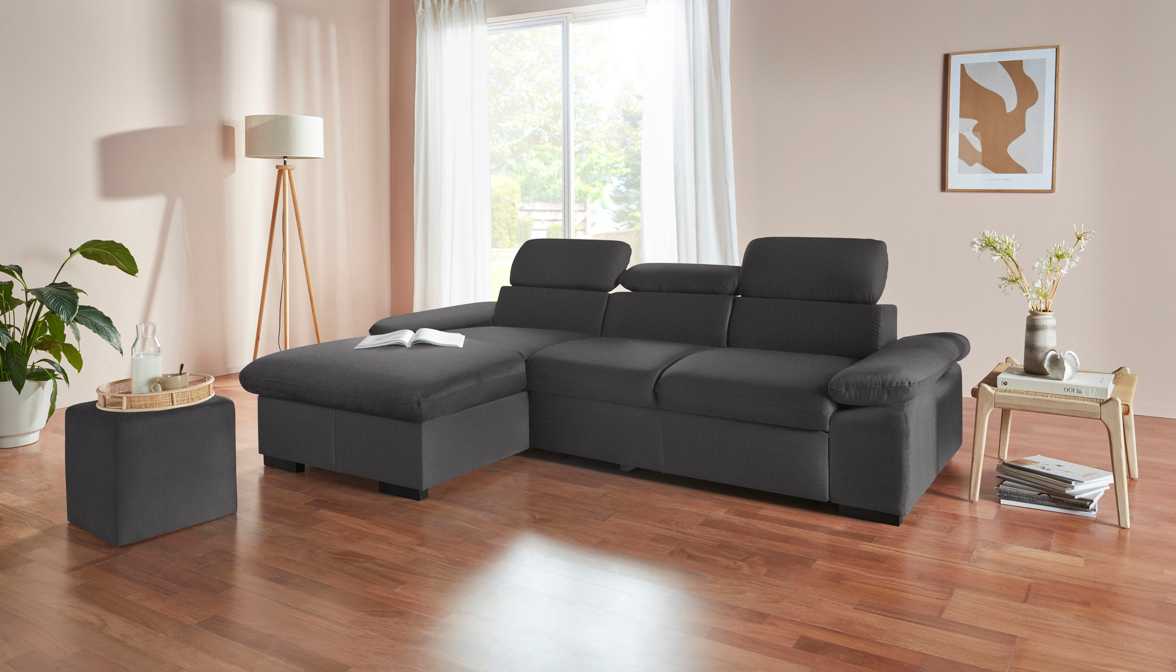 COTTA Ecksofa »Lola L-Form«, (Set, mit Hocker), mit Hocker & Kopfteilfunktion, wahlw. Bett- und Armteilfunktion