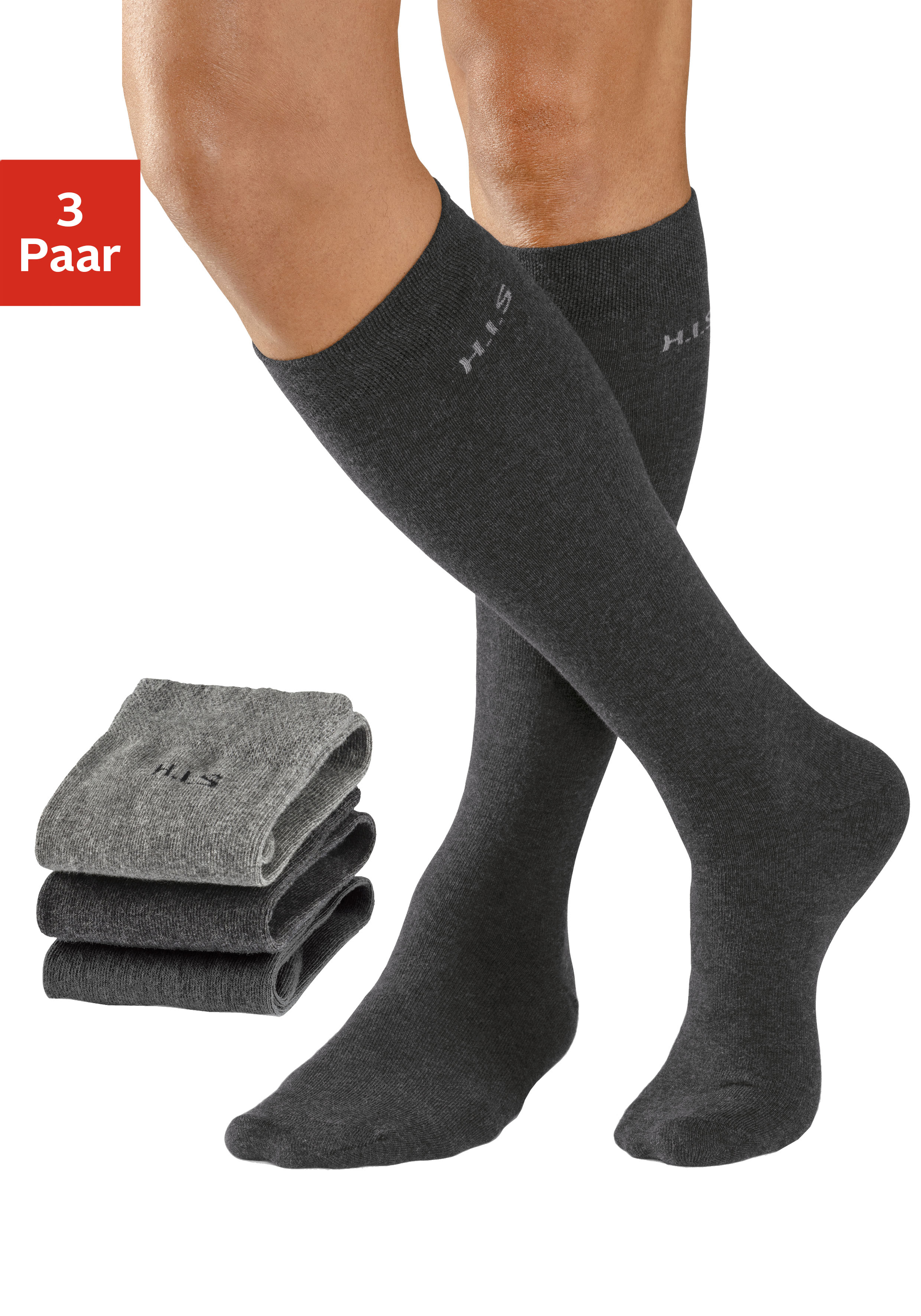 H.I.S Kniestrümpfe "Basic Herren Strümpfe Komfortsocken, Alltagssocken" Packung, 3 Stk. tlg. mit druckfreiem Bündchen