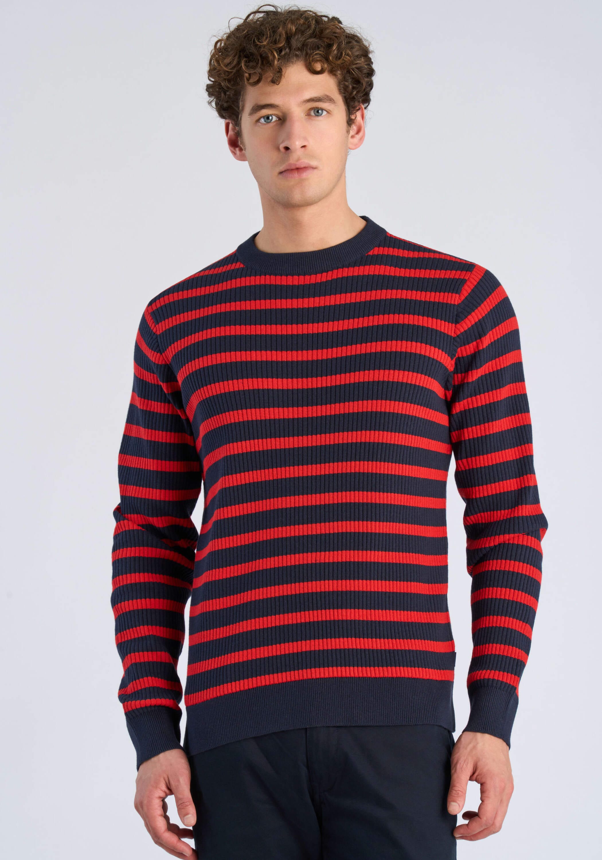 Strickpullover LINDBERGH "Strickpullover Relaxed Fit", Herren, Gr. XXL, rot, Obermaterial: 60% Baumwolle, 40% Polyester, gestreift, Rundhals, Pullover Strickpullover