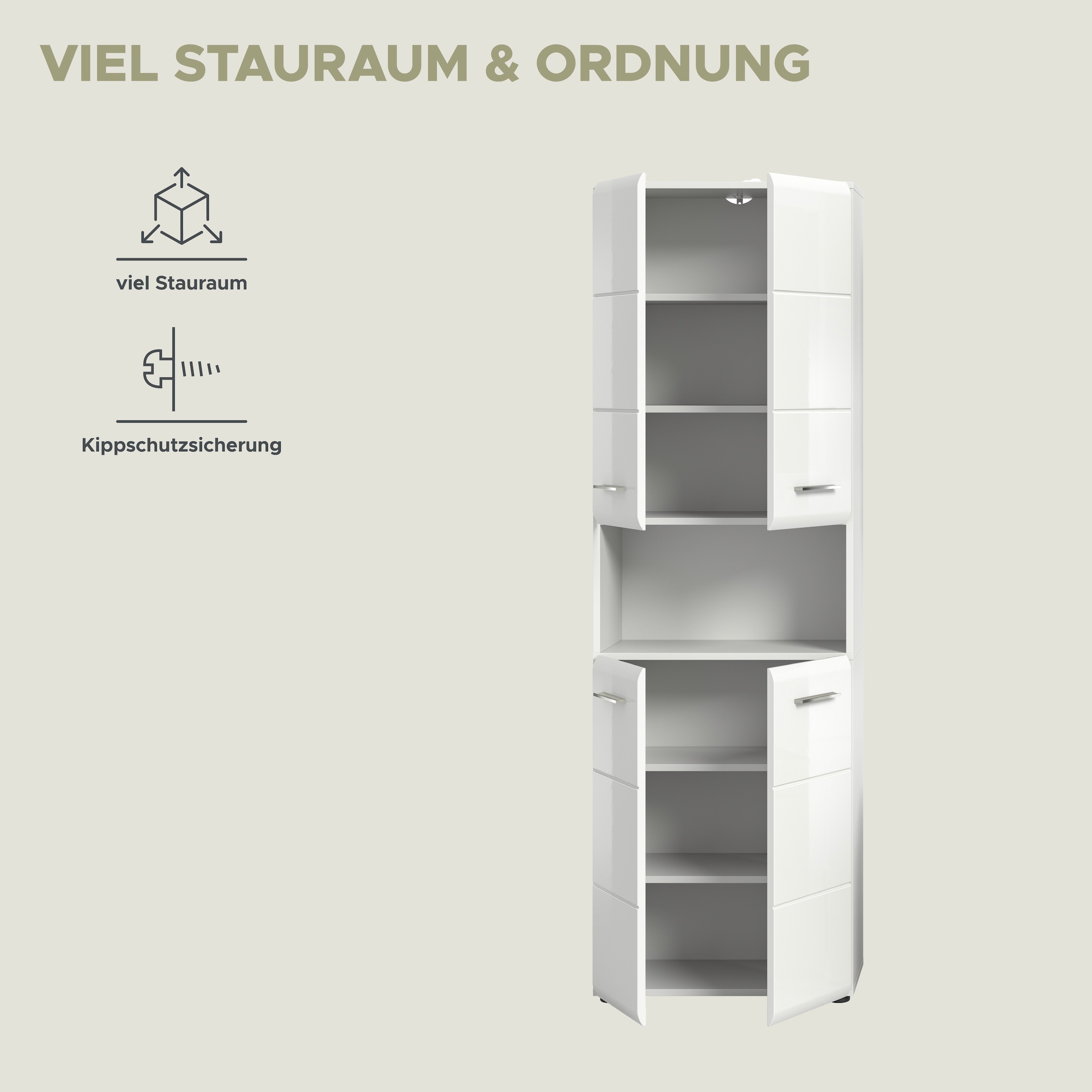 INOSIGN Hochschrank »FLORENZ, TOPSELLER!, Höhe 185 cm, 4 Türen, 4 Fachböden, 1 offenes Fach«, hochwertige MDF Front, Griff chromglänzend, Badschrank, Bad