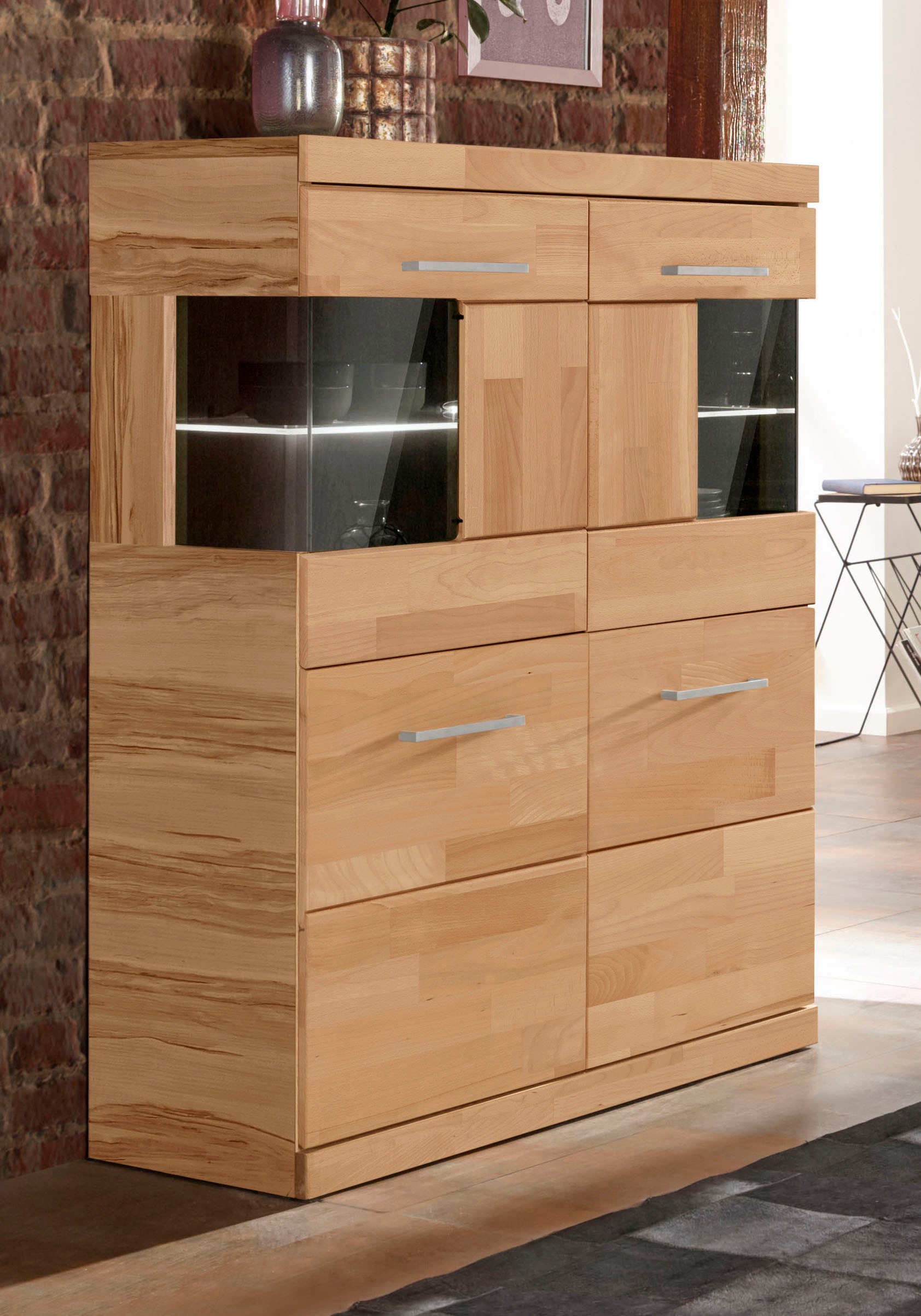 Home affaire Highboard "Ribe,85cm breit,115cm hoch, Fronten Massivholz,4 br günstig online kaufen