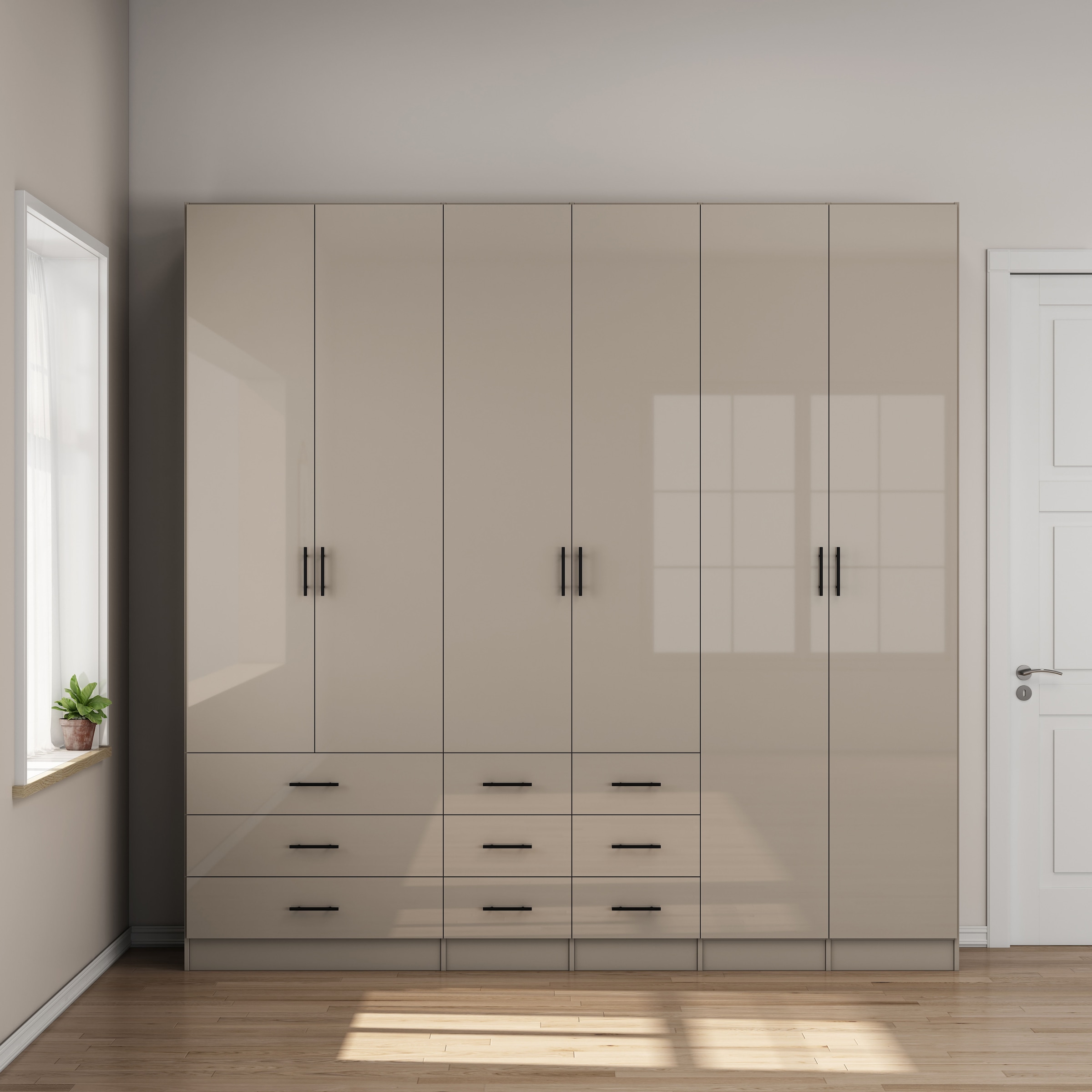 OTTO home Kleiderschrank »Trento Schlafzimmerschrank Garderobe hochglanz« in 2 unterschiedlichen Schrankhöhen wählbar,  Schrank mit 6 Türen und 9 Schubladen, Hochglanz-Fronten, 2,39m Höhe