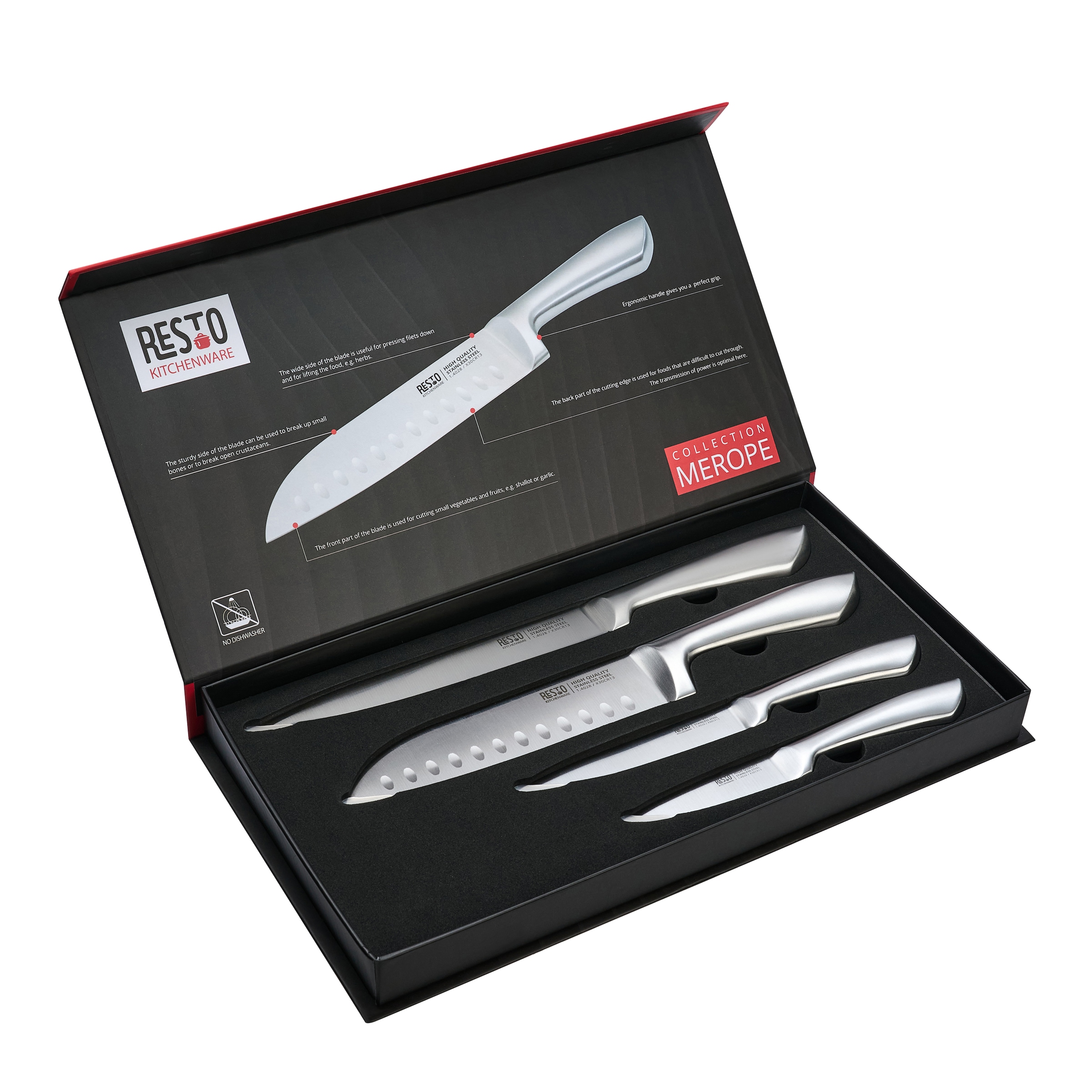 RESTO Kitchenware Messer-Set »Merope, Edelstahlmesser 4-teilig in Magnet-Geschenkbox« Santoku-Messer, Tranchiermesser, Universalmesser, Schälmesser