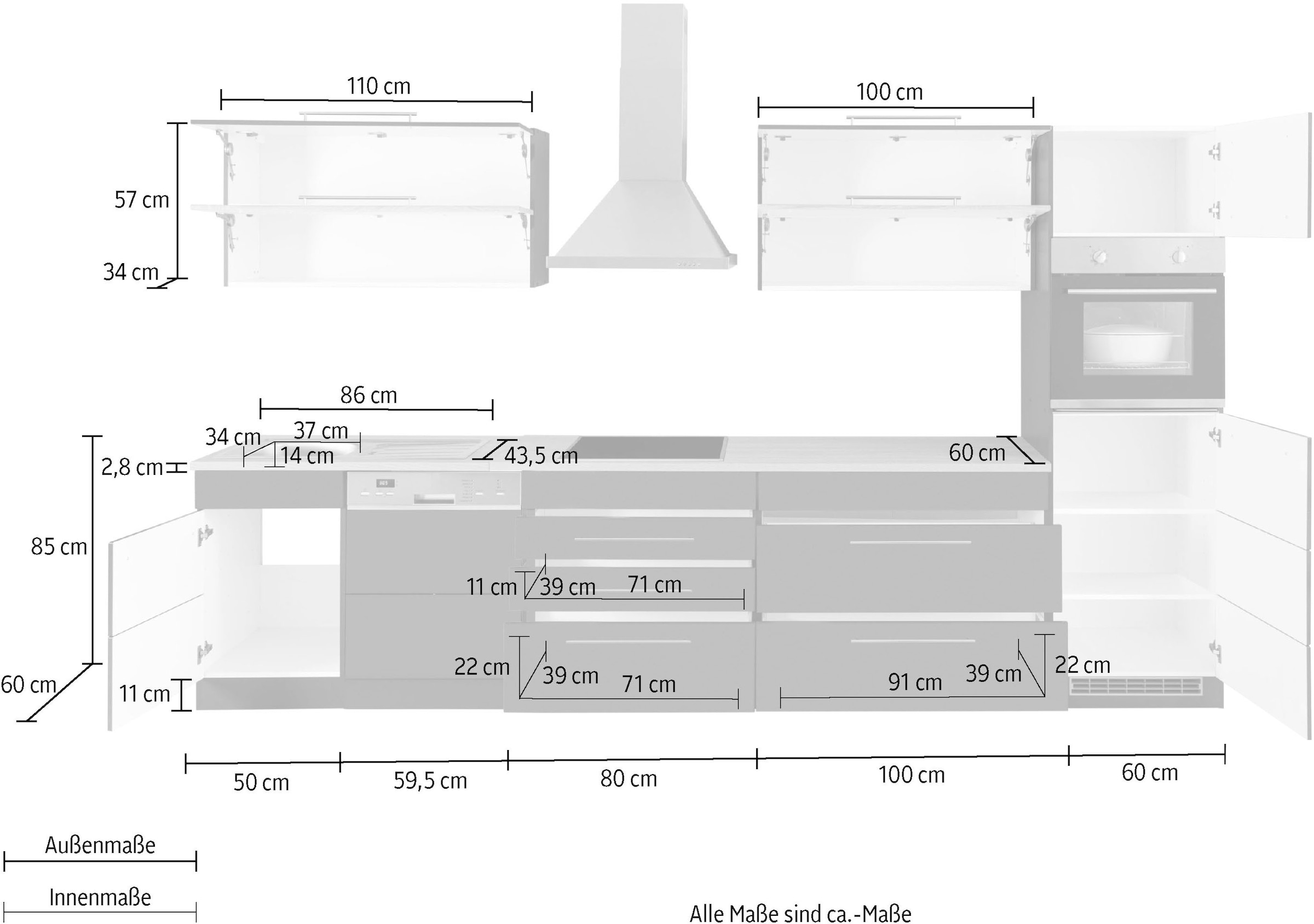 HELD MÖBEL Küchenzeile »Wien«, Breite 350 cm, wahlweise mit E-Geräten und Induktion