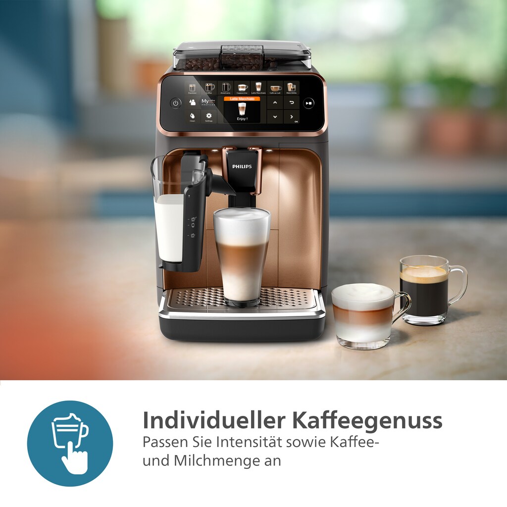 Philips Kaffeevollautomat »EP5144/70 5400 Series, 12 Kaffeespezialitäten«, mit LatteGo-Milchsystem und TFT-Display; Grau / Kupfer verchromt