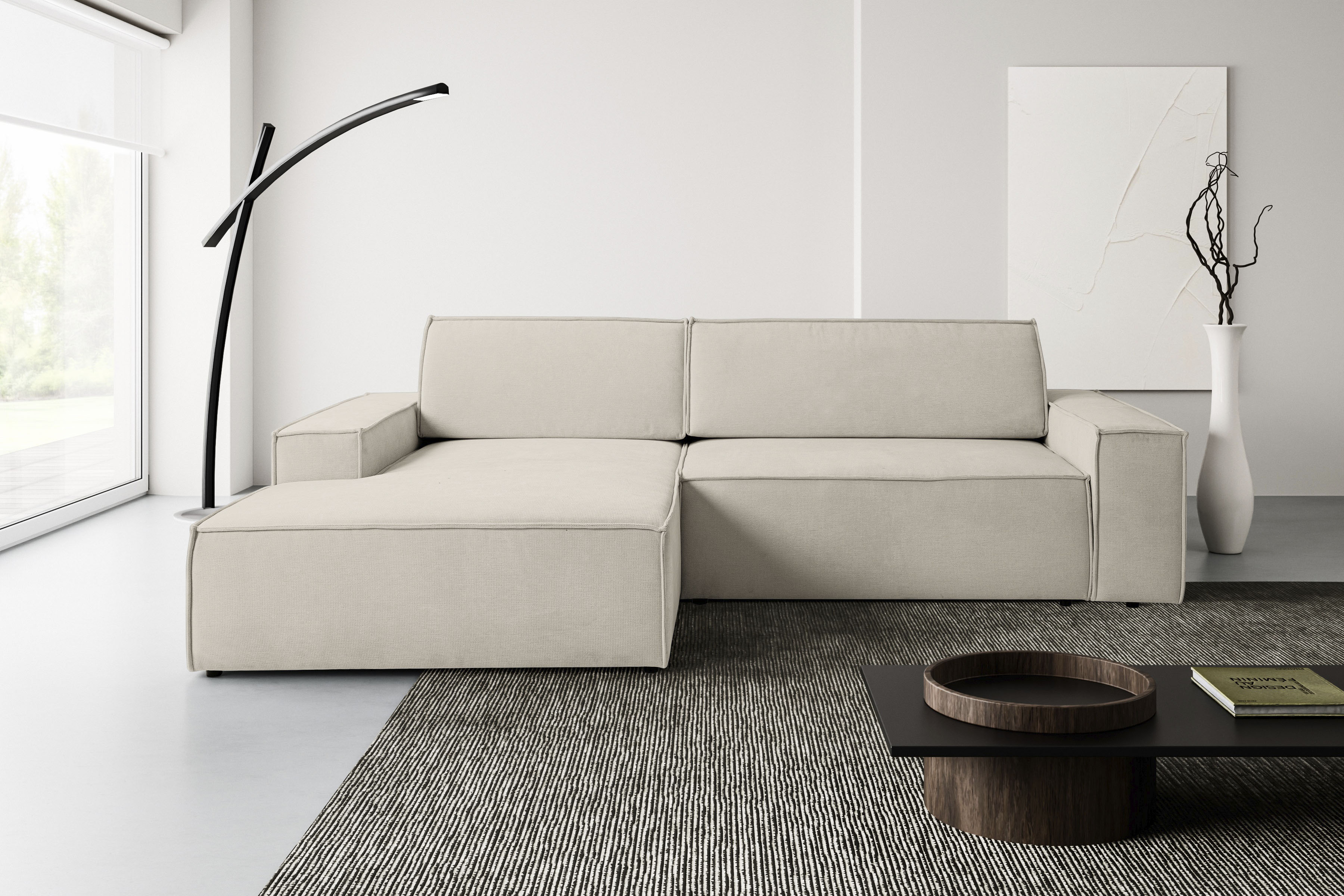WERK2 Ecksofa "Treviso 267 x 165 cm modern und bequem" Struktur HOLMS, L-Form, Schlaffunktion, Bettkasten