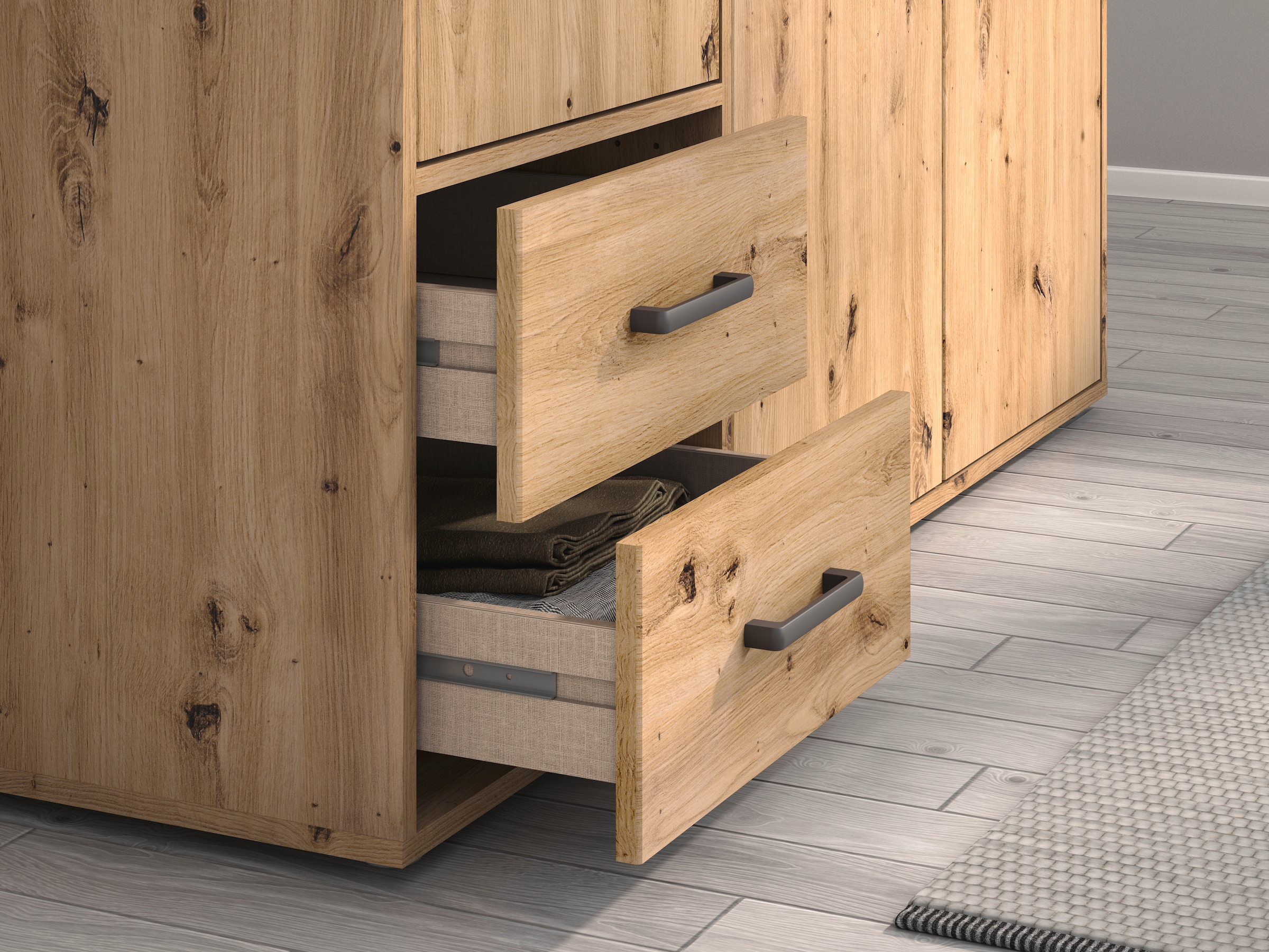 rauch Drehtürenschrank »Kleiderschrank Schrank Garderobe Wäscheschrank VOYAGER«, (in 3 verschiedenen Ausstattungen BASIC/CLASSIC/PREMIUM), mit modernen Griffen in Graumetallic, inkl. Schubkästen und Spiegel