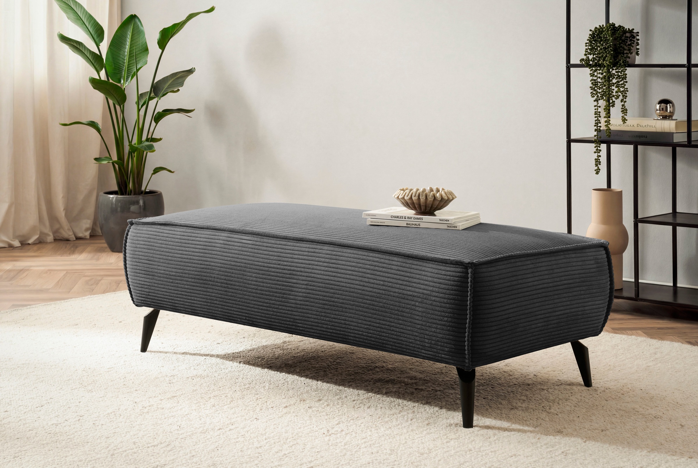 Home affaire Wohnlandschaft »Tvinnu, moderne U-Form, Couch in Cord oder Webstoff in Leinenoptik« Recamiere rechts/links, schwarze Metallfüße, bequeme Sitz-/Liegefläche