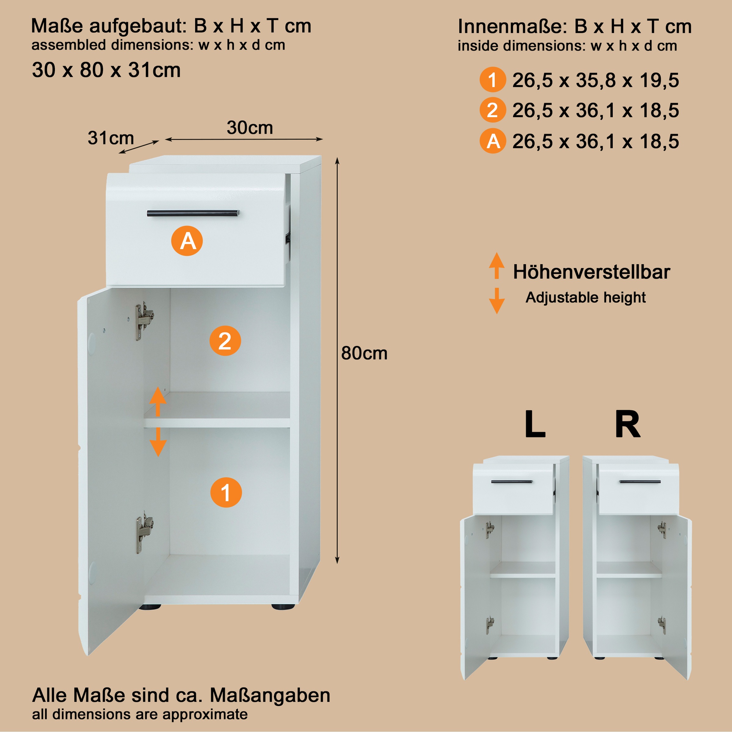 Thumbnail - welltime Unterschrank "Sovana" Kommode mit 1 Tür & 1 Schublade - (B/T/H) 30/31/79 cm
