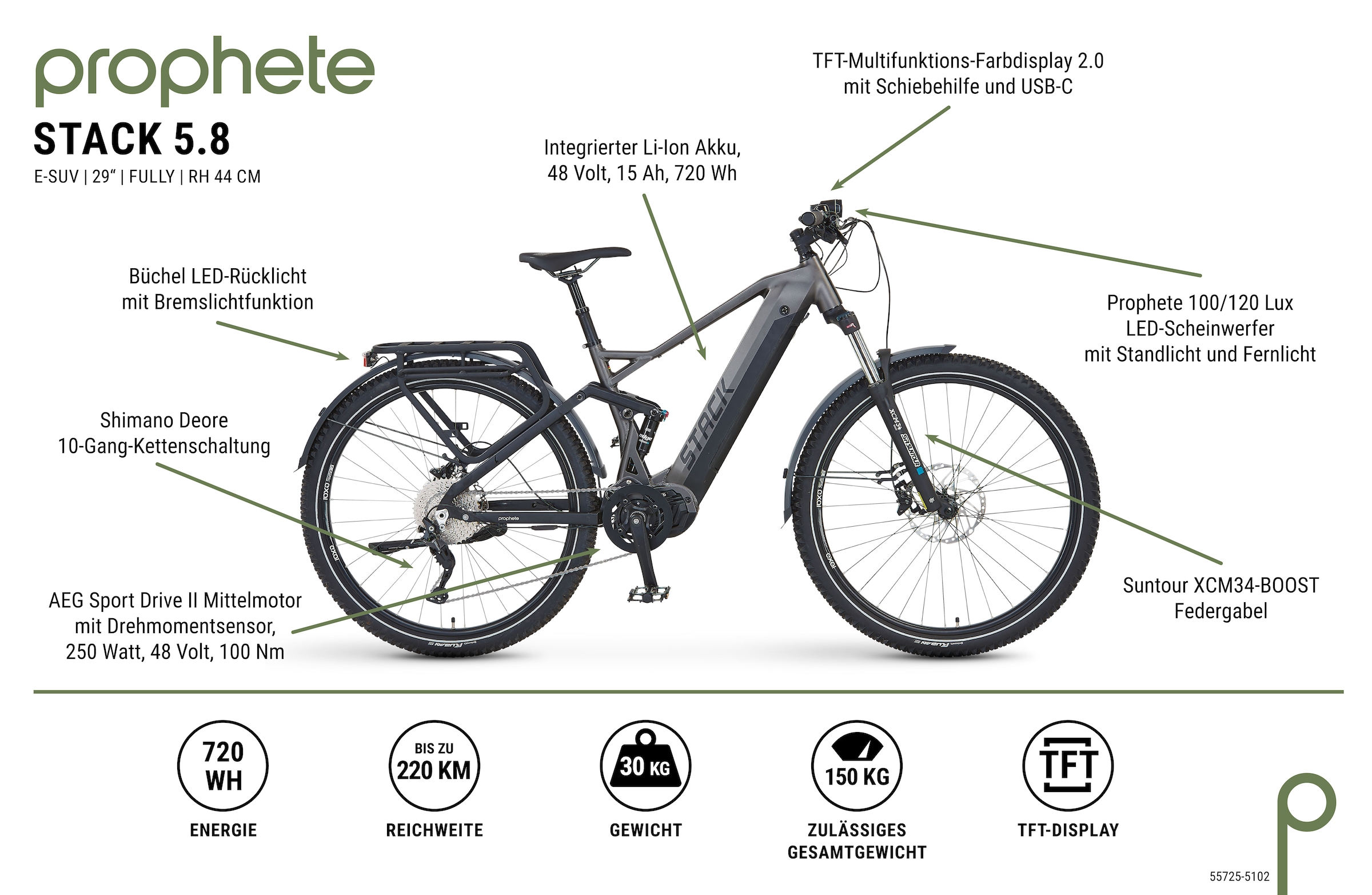 Prophete E-Bike »Stack 5.8«, 10 Gang, Shimano, Deore, Mittelmotor 250 W