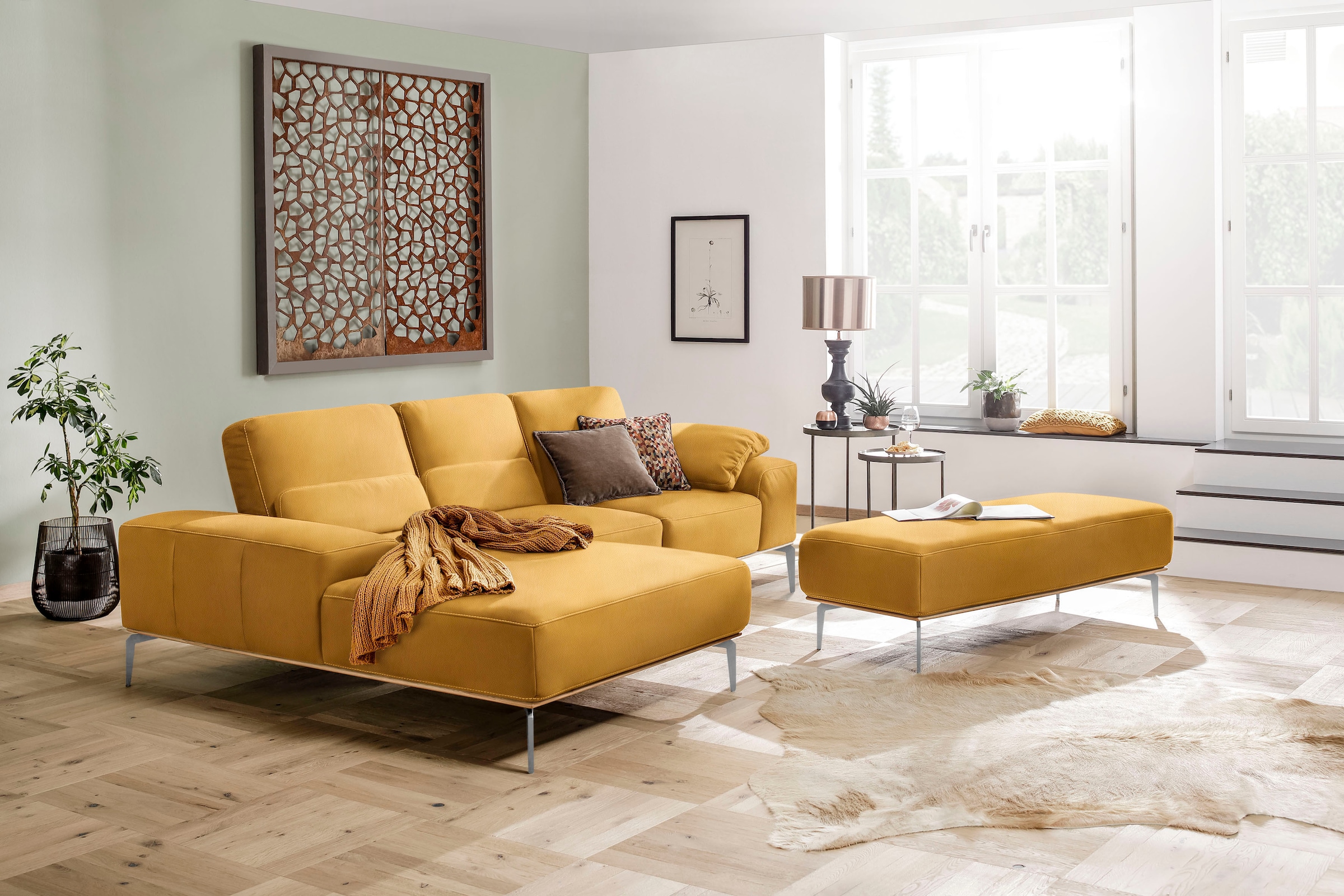 W.SCHILLIG Ecksofa »run, Designsofa mit tollem Sitzkomfort, L-Form«, mit elegantem Holzsockel, Füße in Chrom glänzend, Breite 279 cm