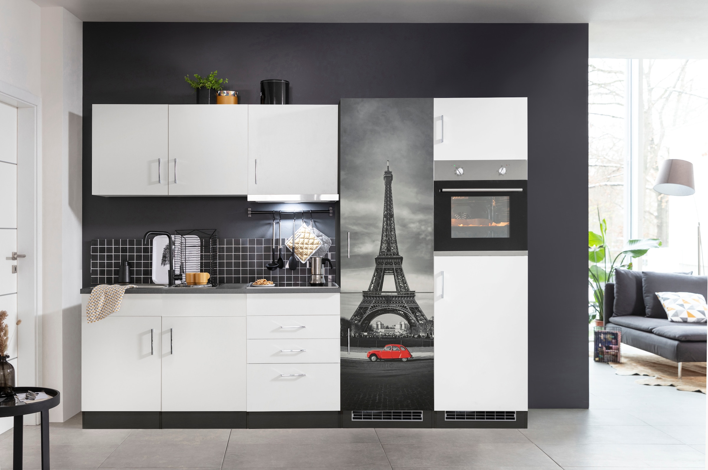 KOCHSTATION Küchenzeile "KS-Paris – Küchen mit einzigartigen Fotomotiven auf den Fronten" Breite 280 cm, wahlweise mit E-Geräten und Induktion