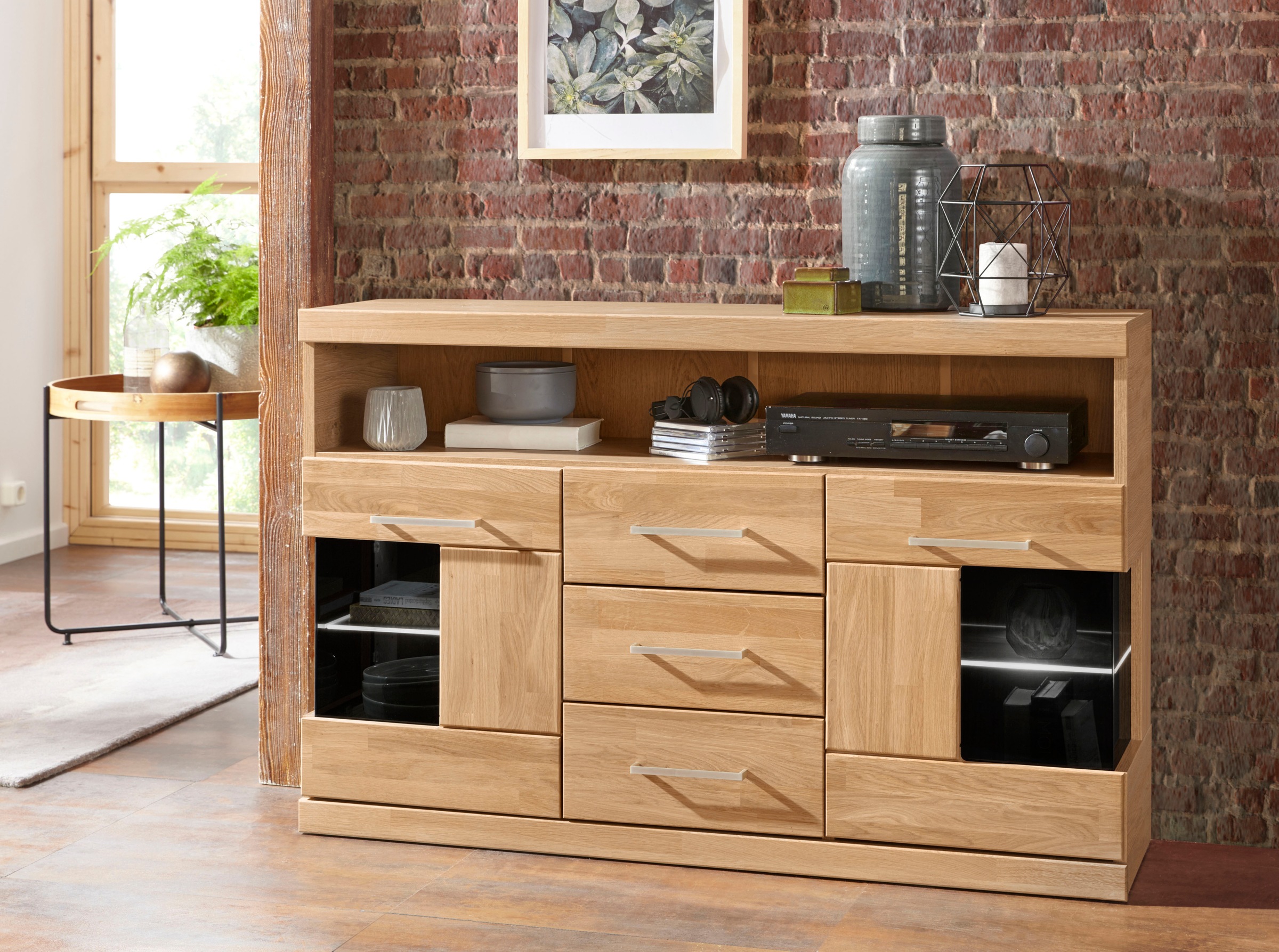 OTTO home Sideboard "Ribe,125cm breit, Fronten Massivholz,5 Fächer,Böden versetzbar" Korpus Holzwerkstoff,Türen mit Glaseinsatz,3 Schubladen,Metallgriffe